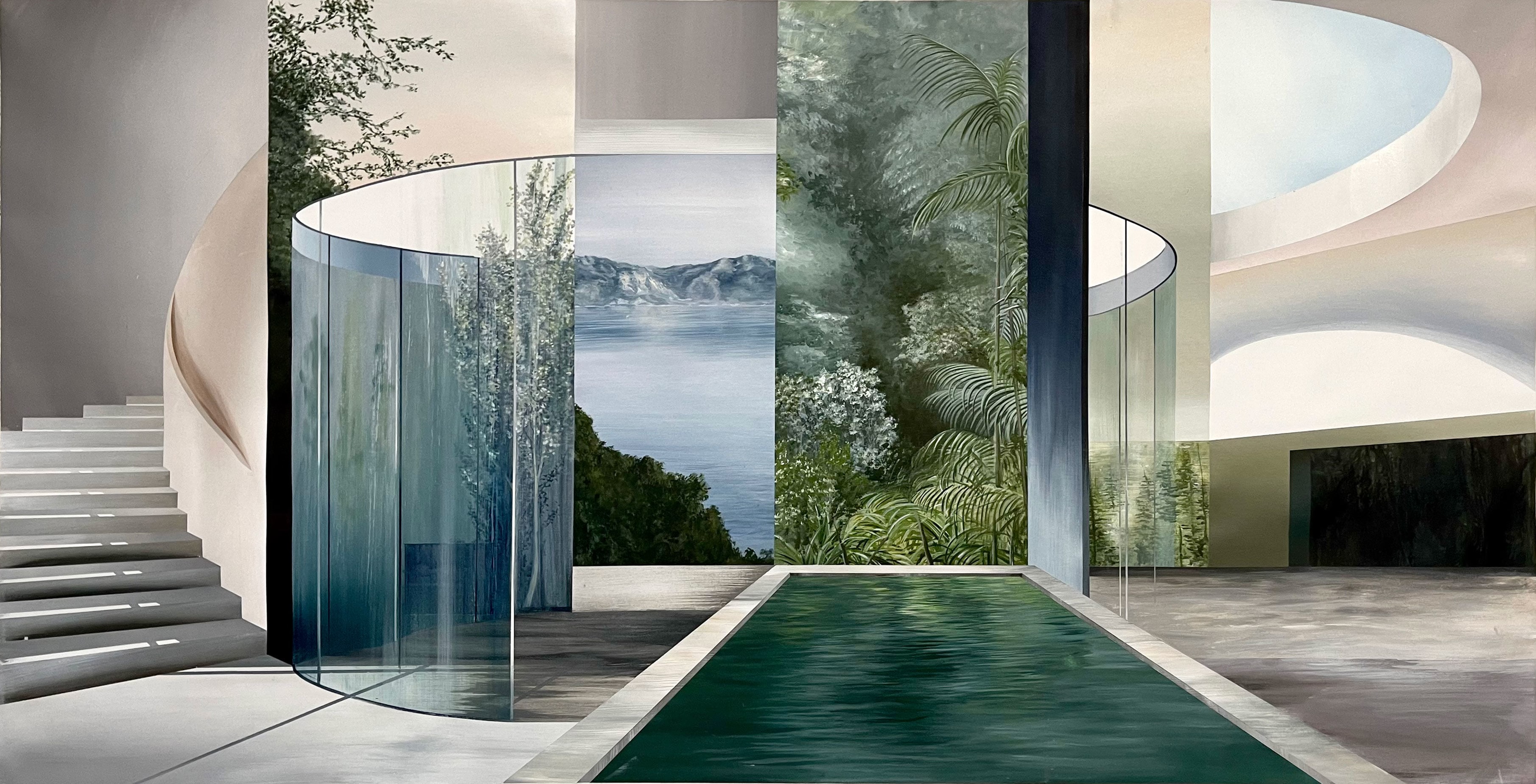 A painting of a swimming pool in a modern house.
