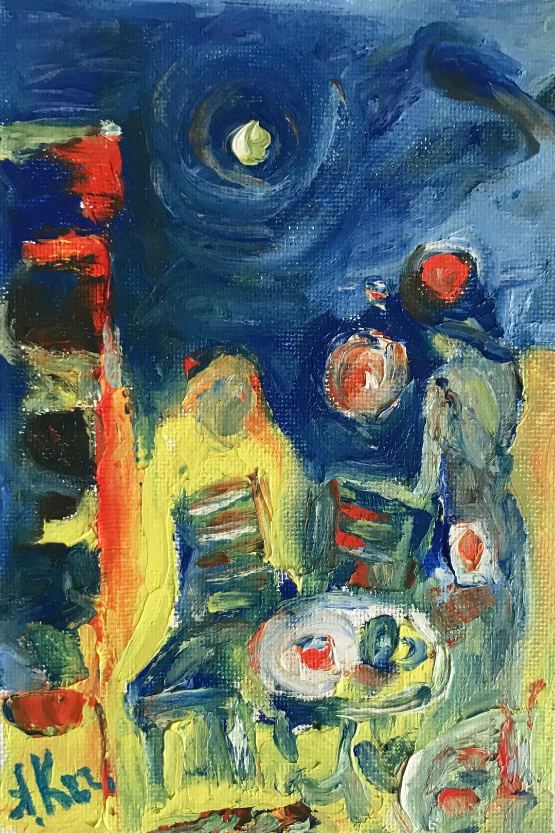 A painting of a table with a vase of flowers on it.