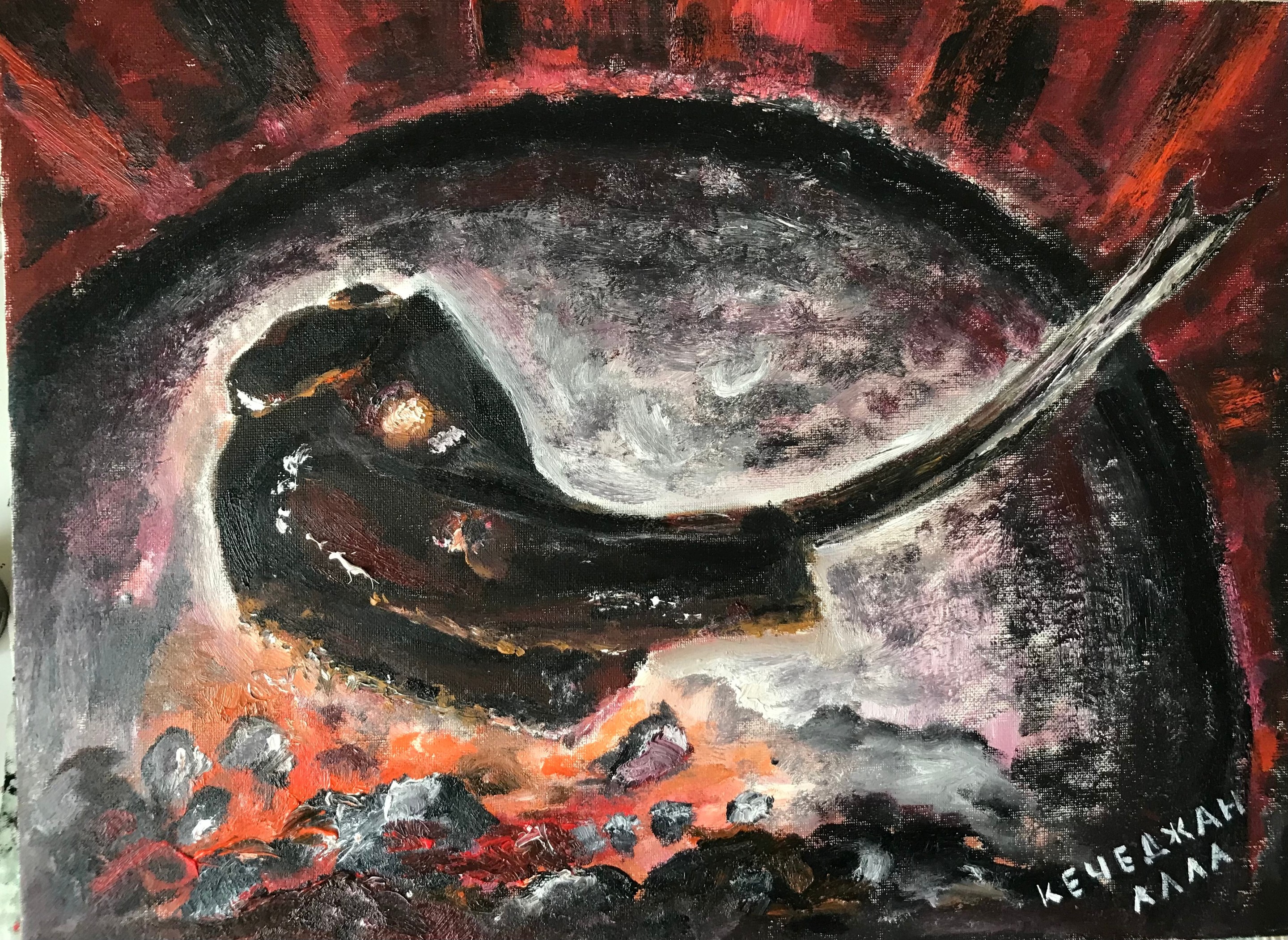 A painting of a black bowl with a spoon in it.