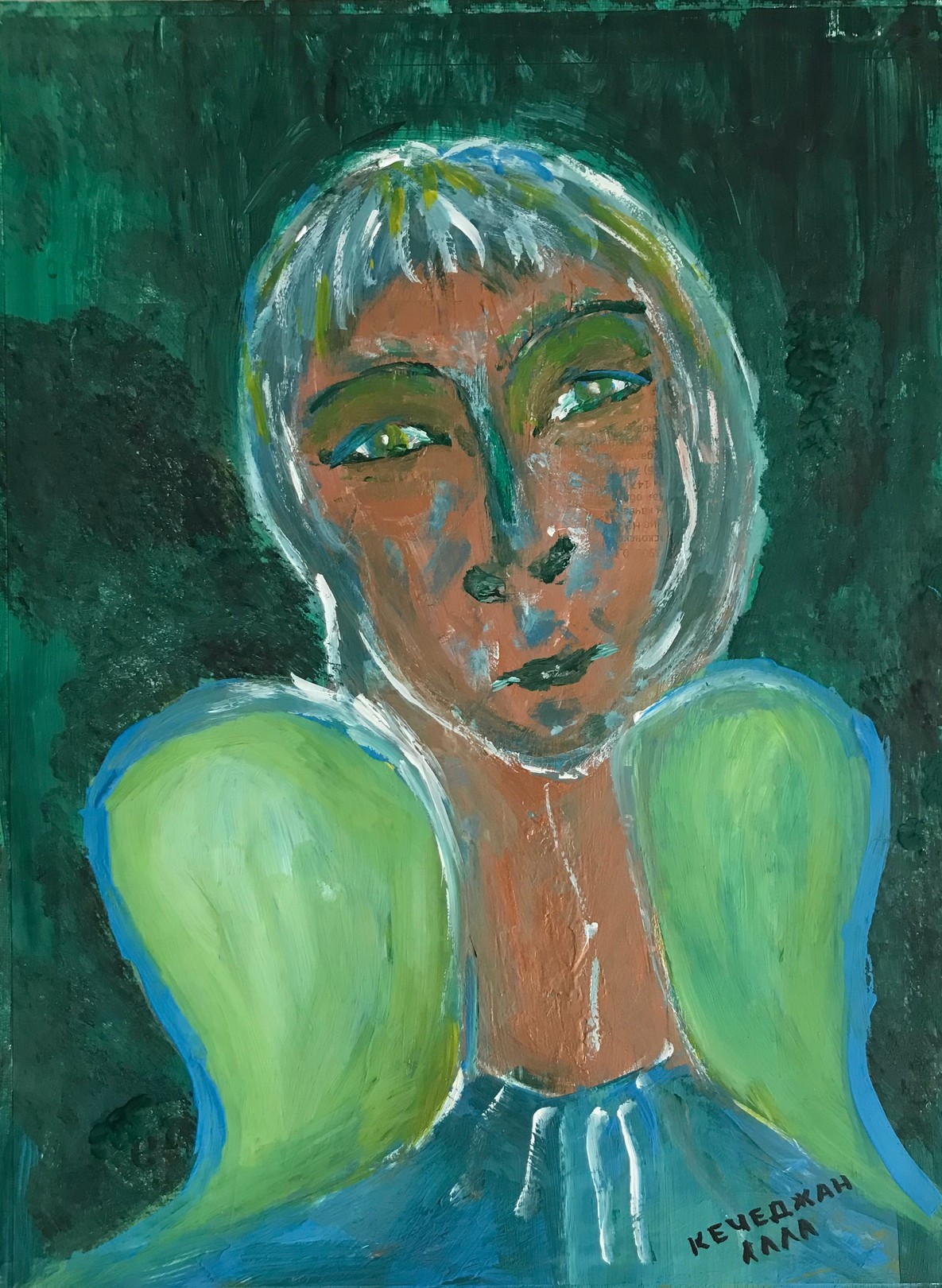 A painting of a woman with green hair and blue eyes.