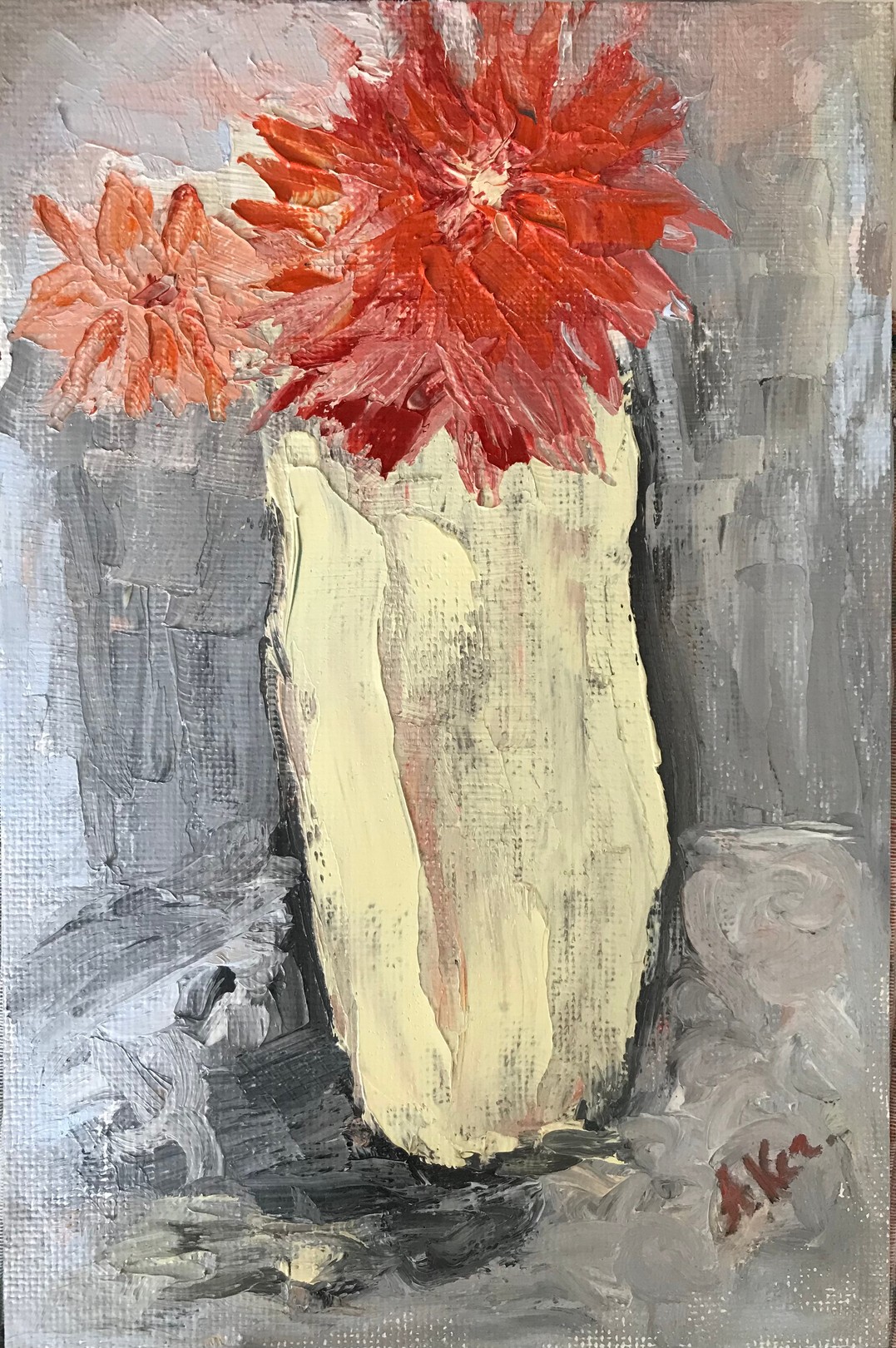A painting of a vase with red flowers in it.