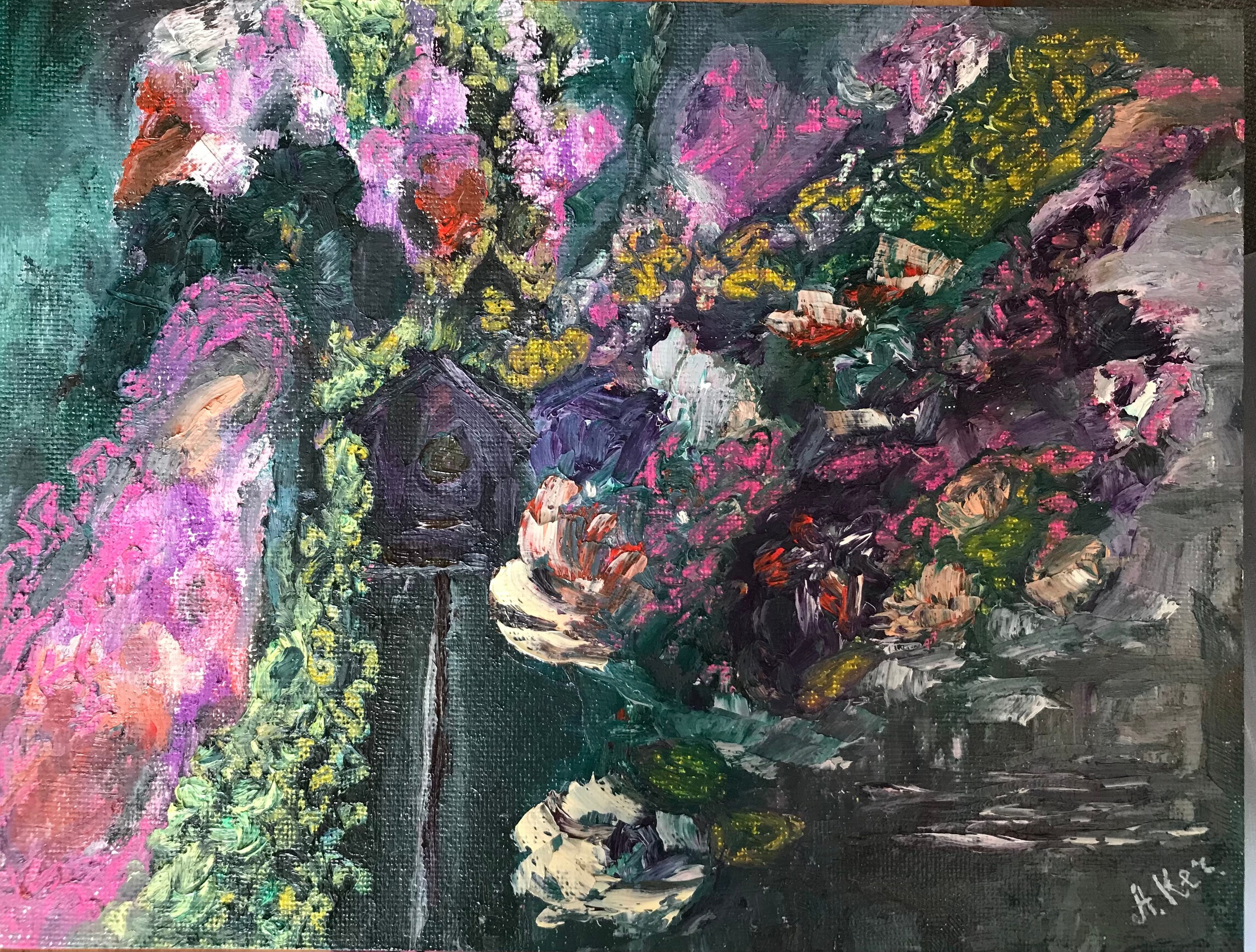 A painting of flowers in a vase on a table.