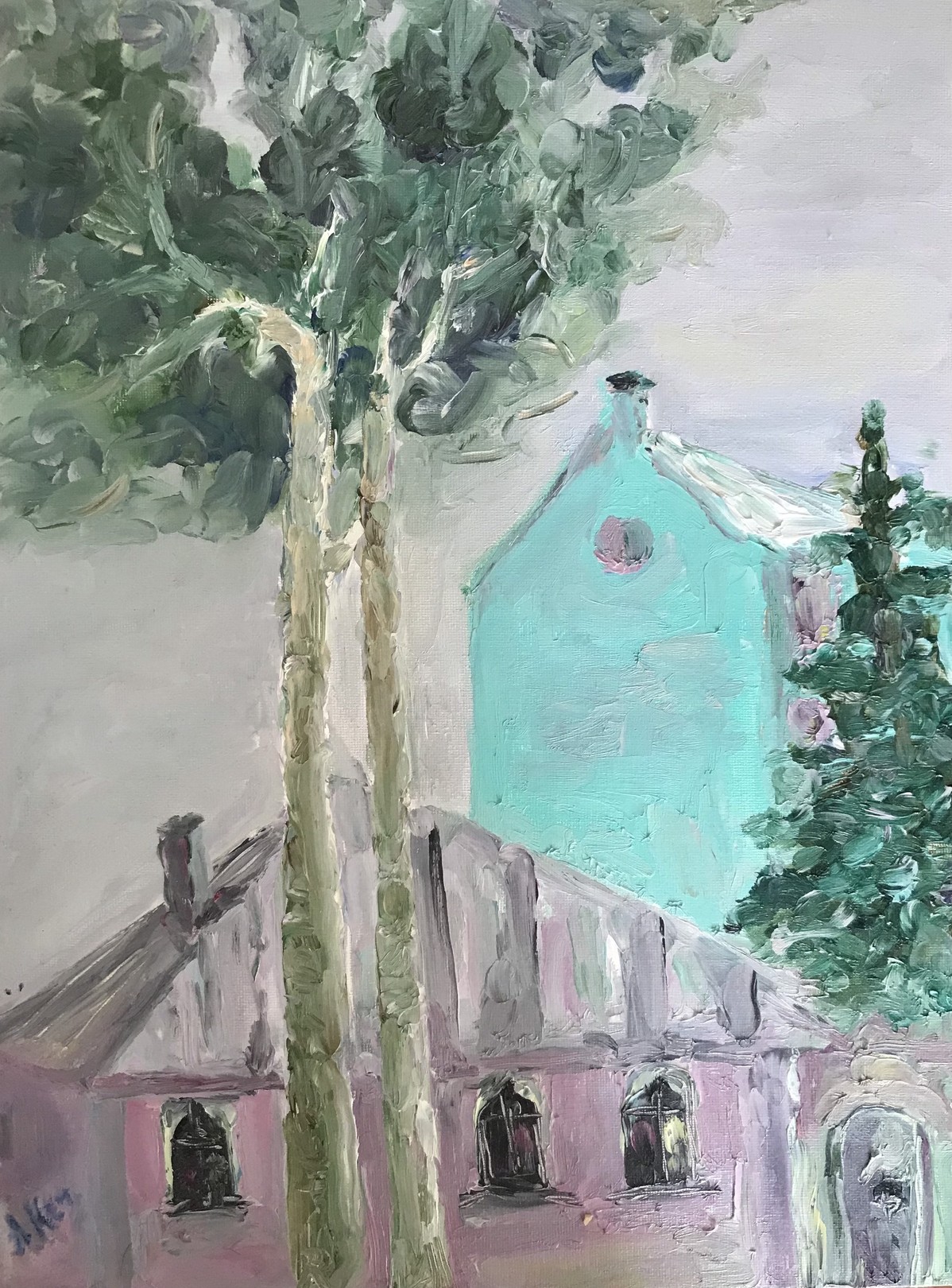 A painting of a building with a tree in front of it.