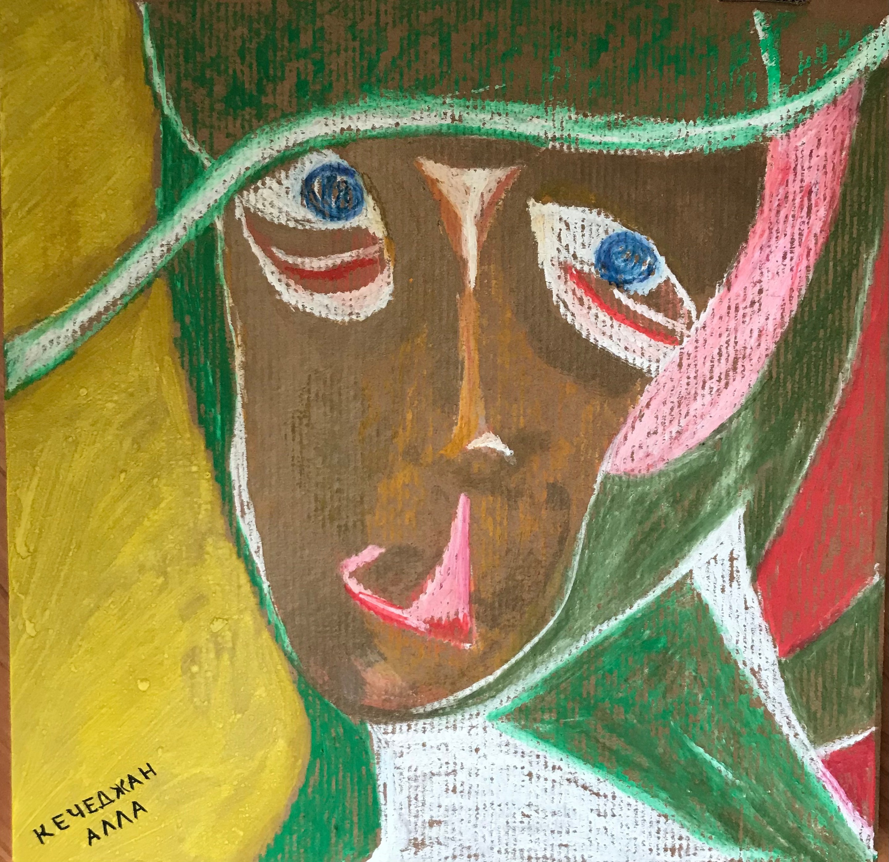 A painting of a woman wearing a green hat.