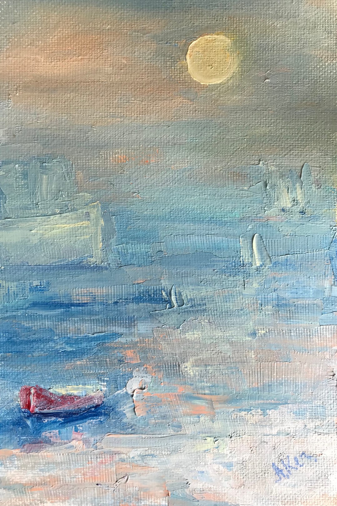A painting of a boat in the ocean with a full moon in the background.