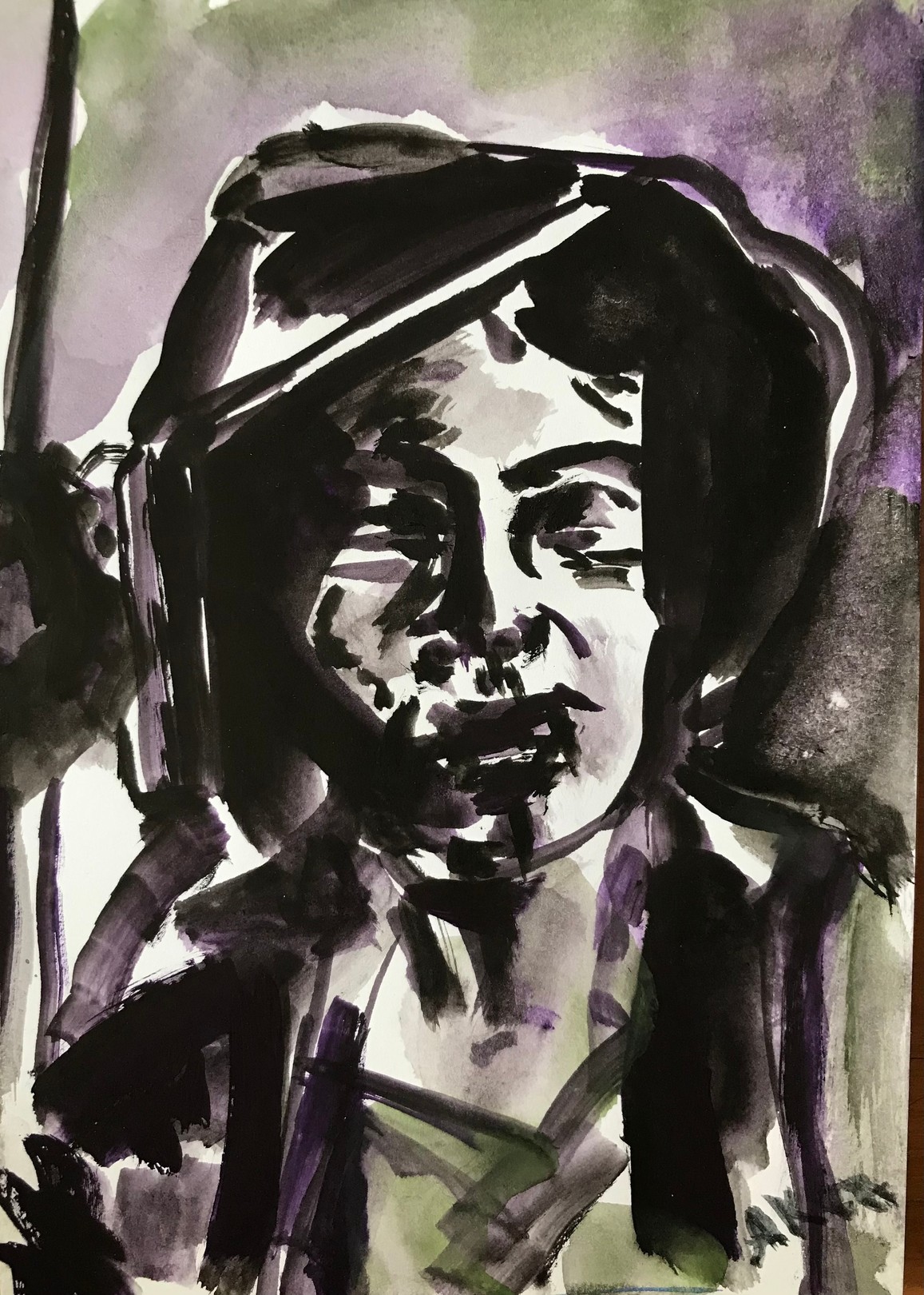 A watercolor painting of a man wearing a hat.