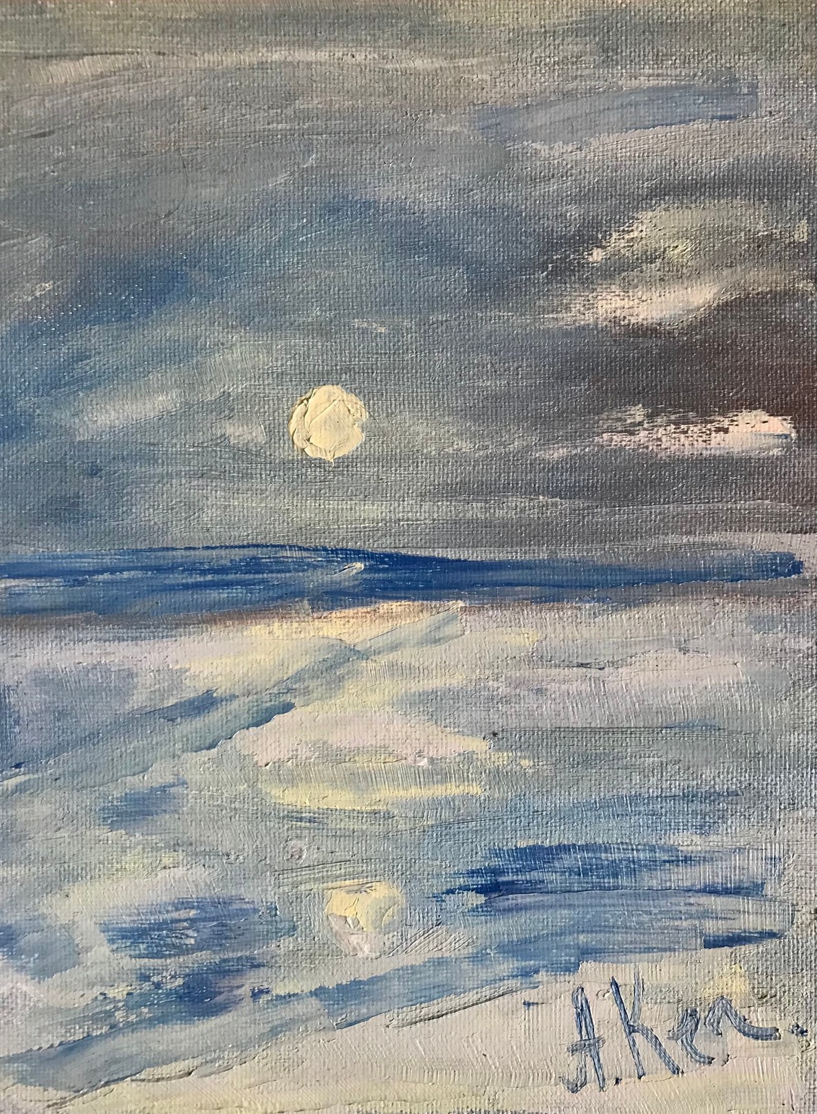 A painting of a full moon over a body of water.