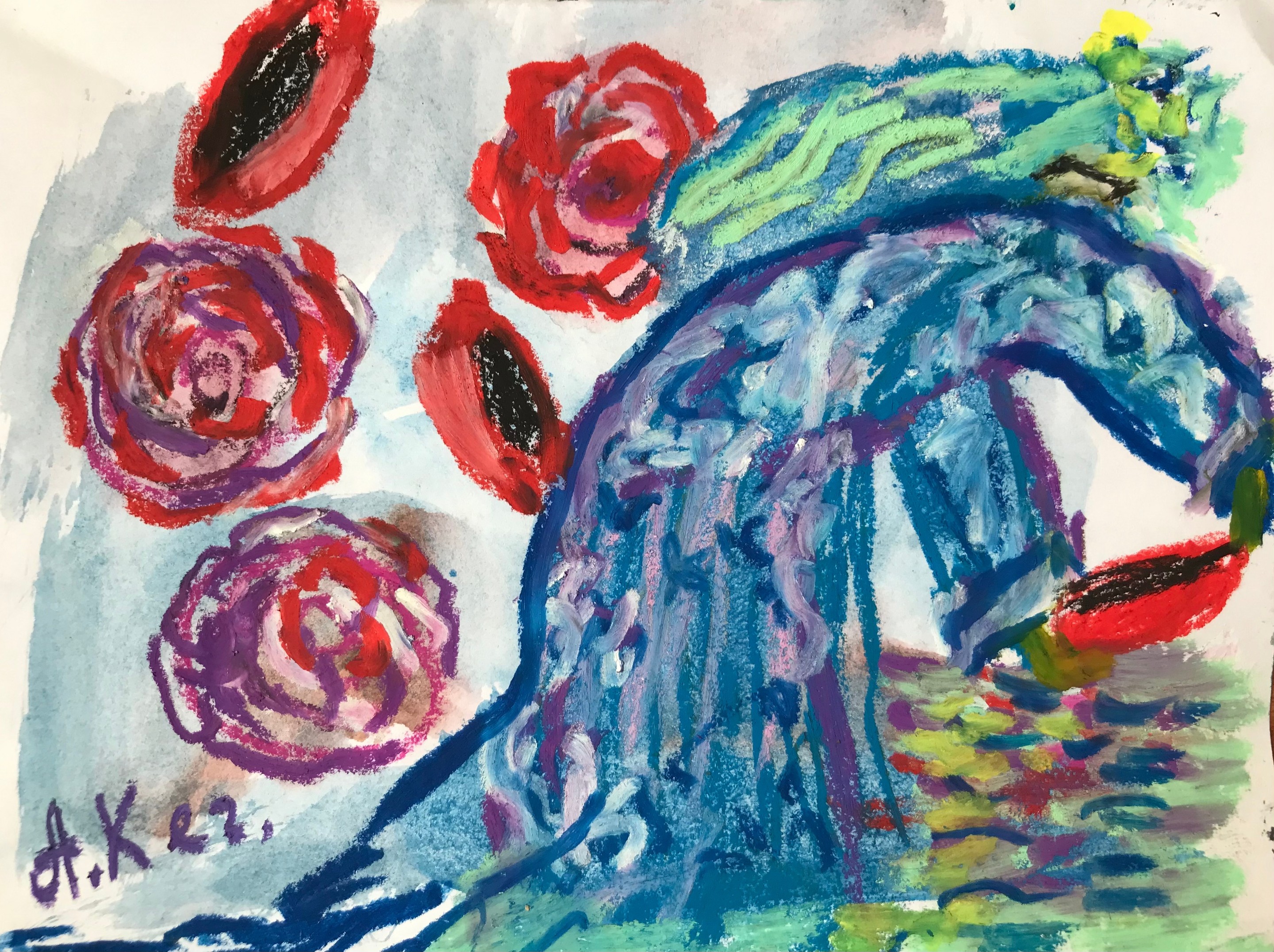A child's drawing of a woman with flowers in her hair.