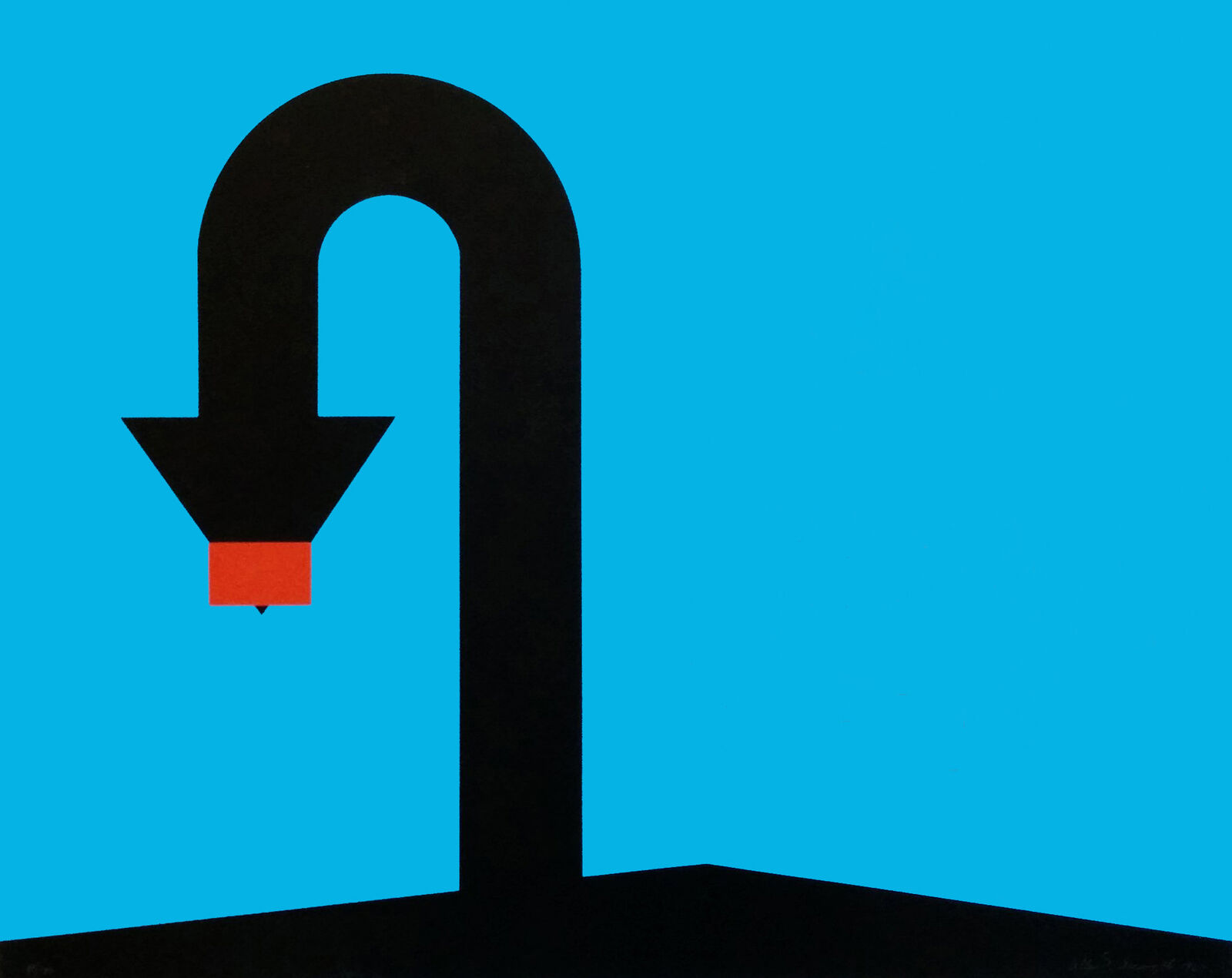 A black and blue picture with a red arrow pointing to the right.