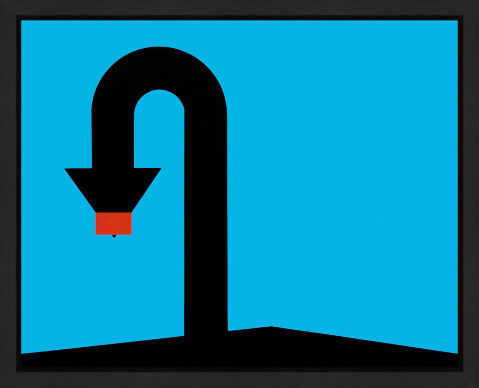 A black and blue picture with a red arrow pointing to the right.