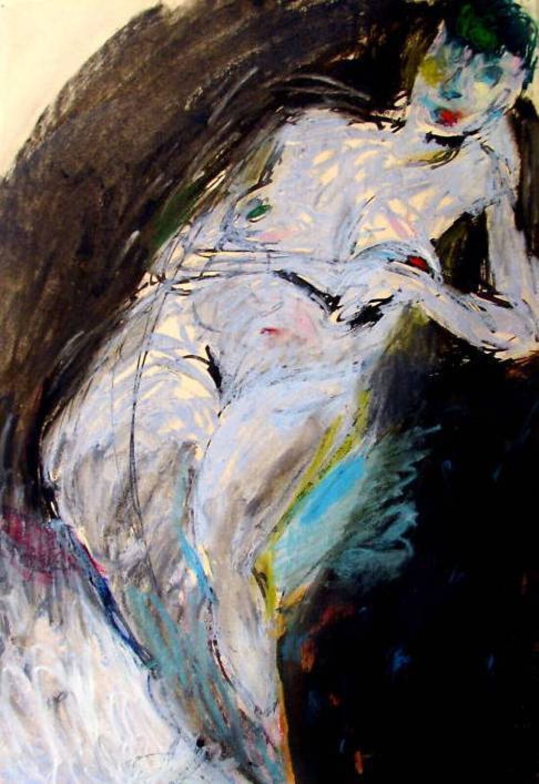 A painting of a nude woman sitting on a chair.