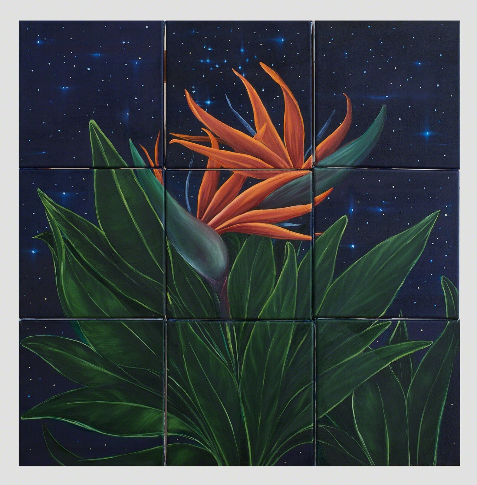A painting of a bird of paradise flower on a blue background.