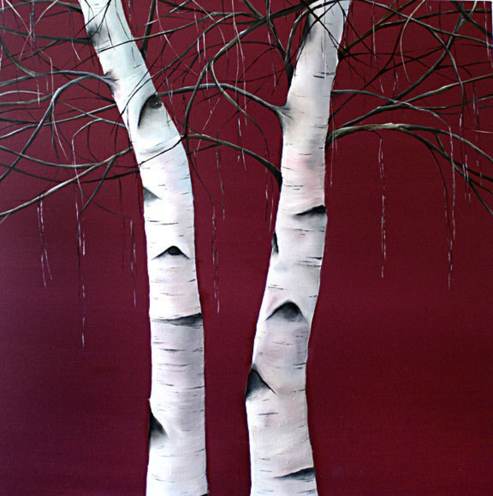 A painting of two white birch trees on a red background.