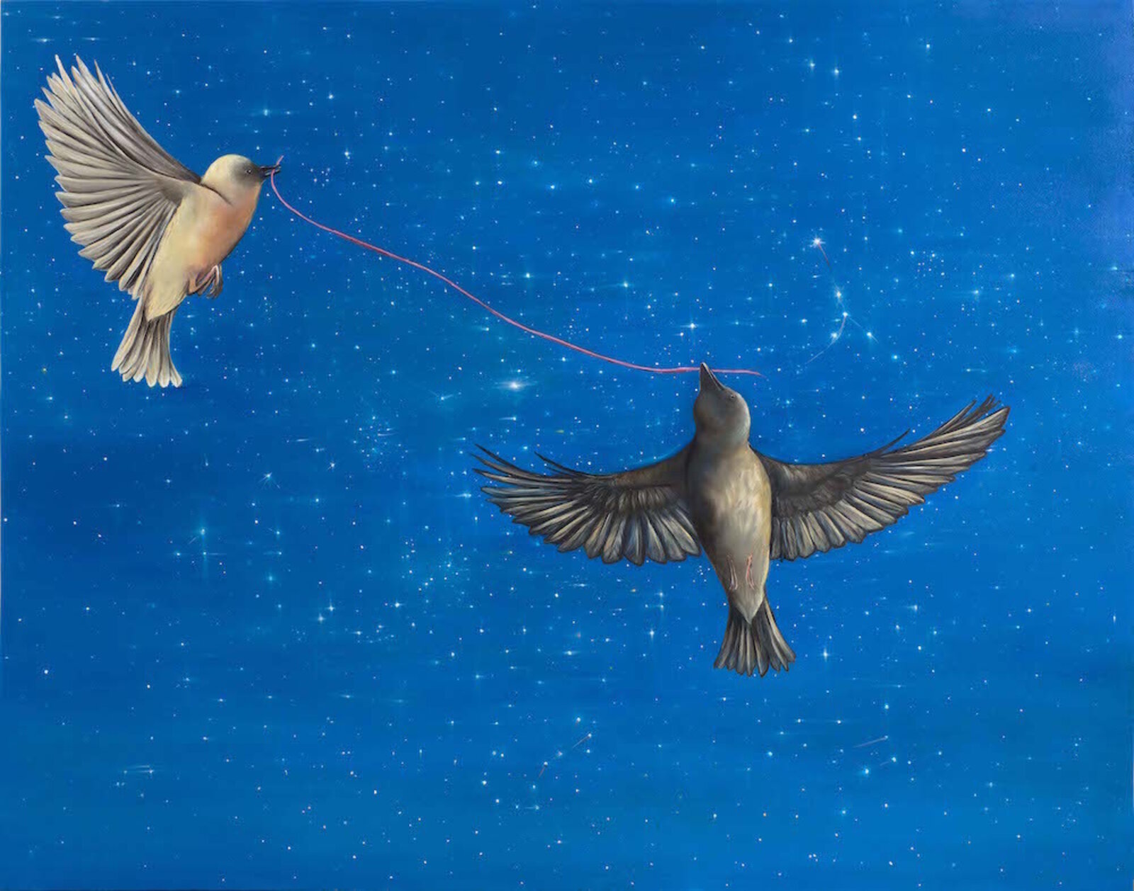 A painting of two birds flying in the sky with a string.
