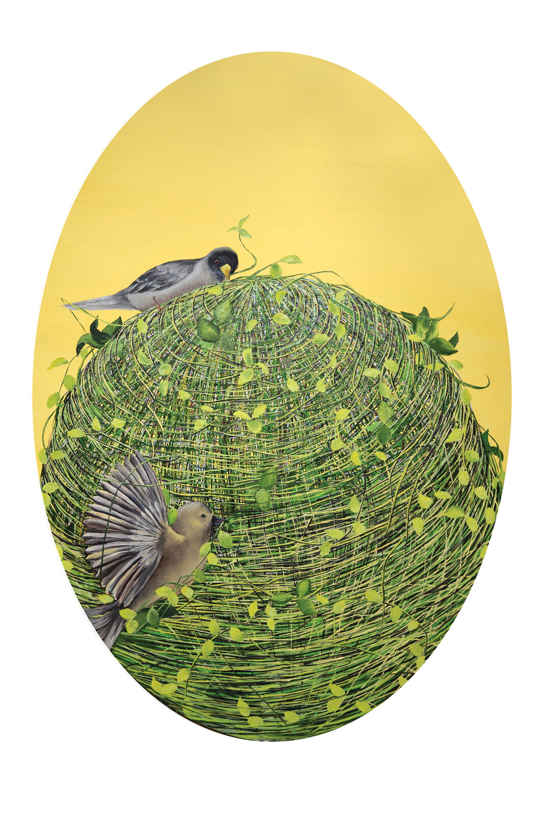 A painting of two birds sitting on top of a nest.
