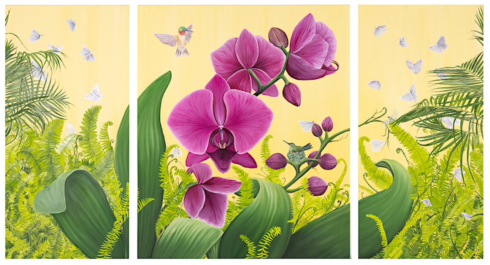 A painting of three pink orchids and butterflies on a yellow background.