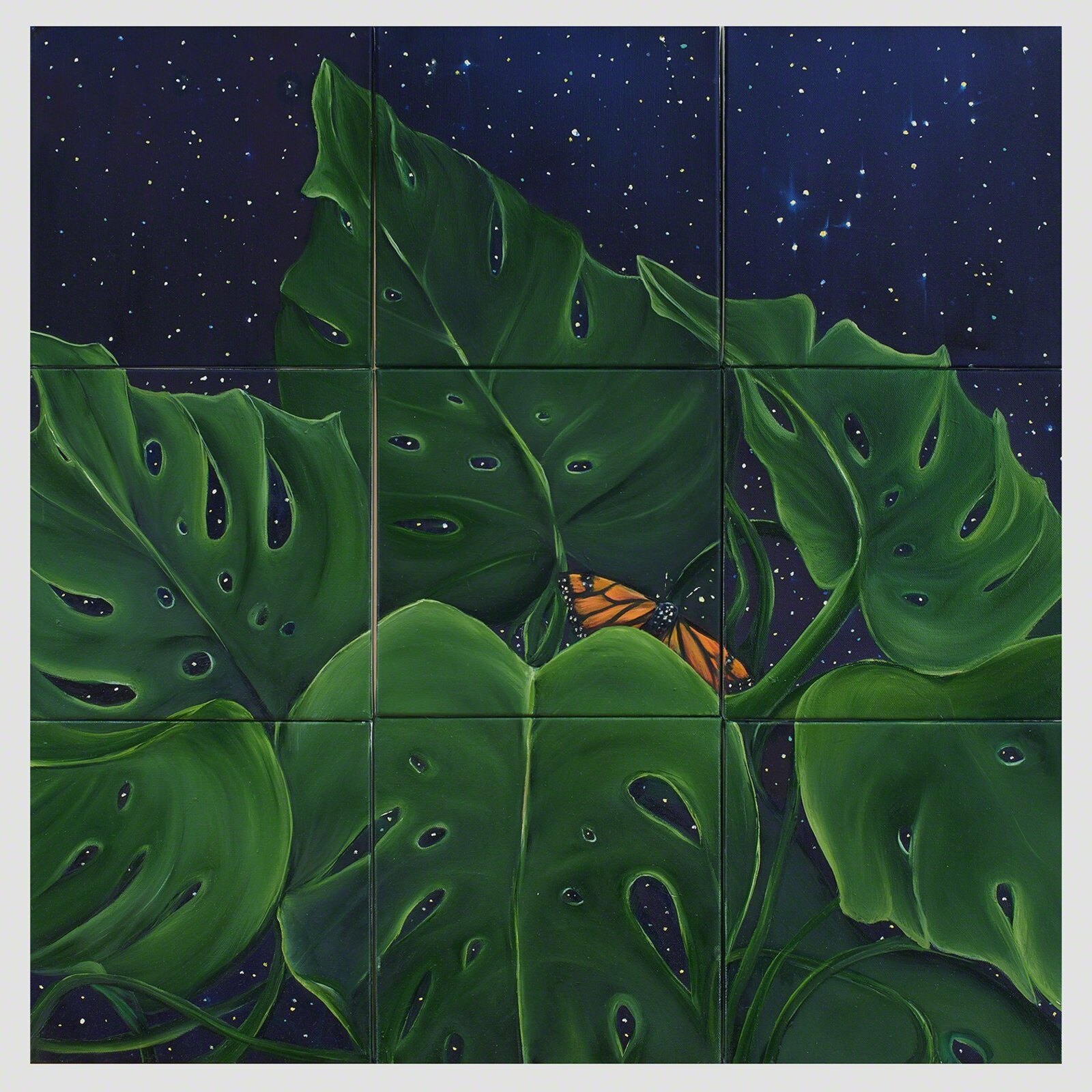 A painting of a butterfly sitting on a leaf.