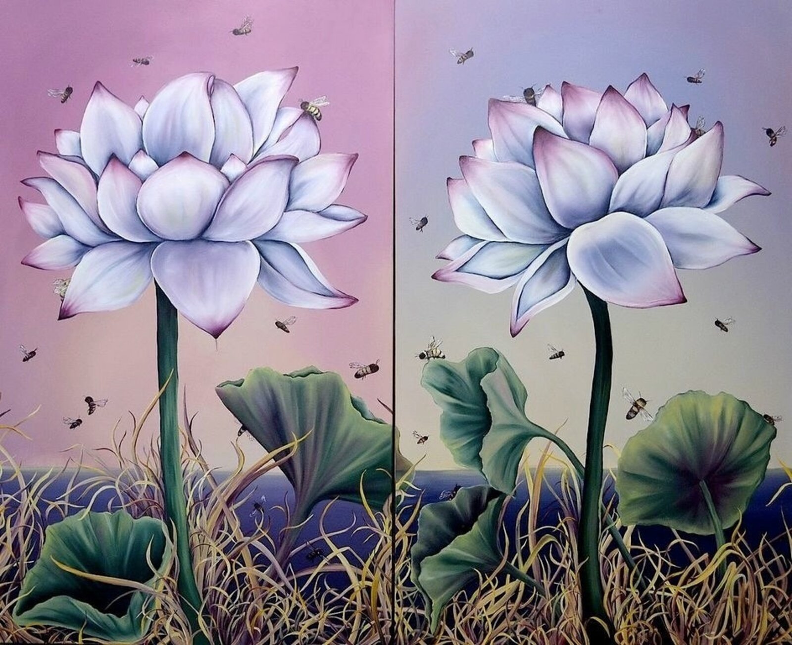 A painting of two white lotus flowers with bees flying around them.