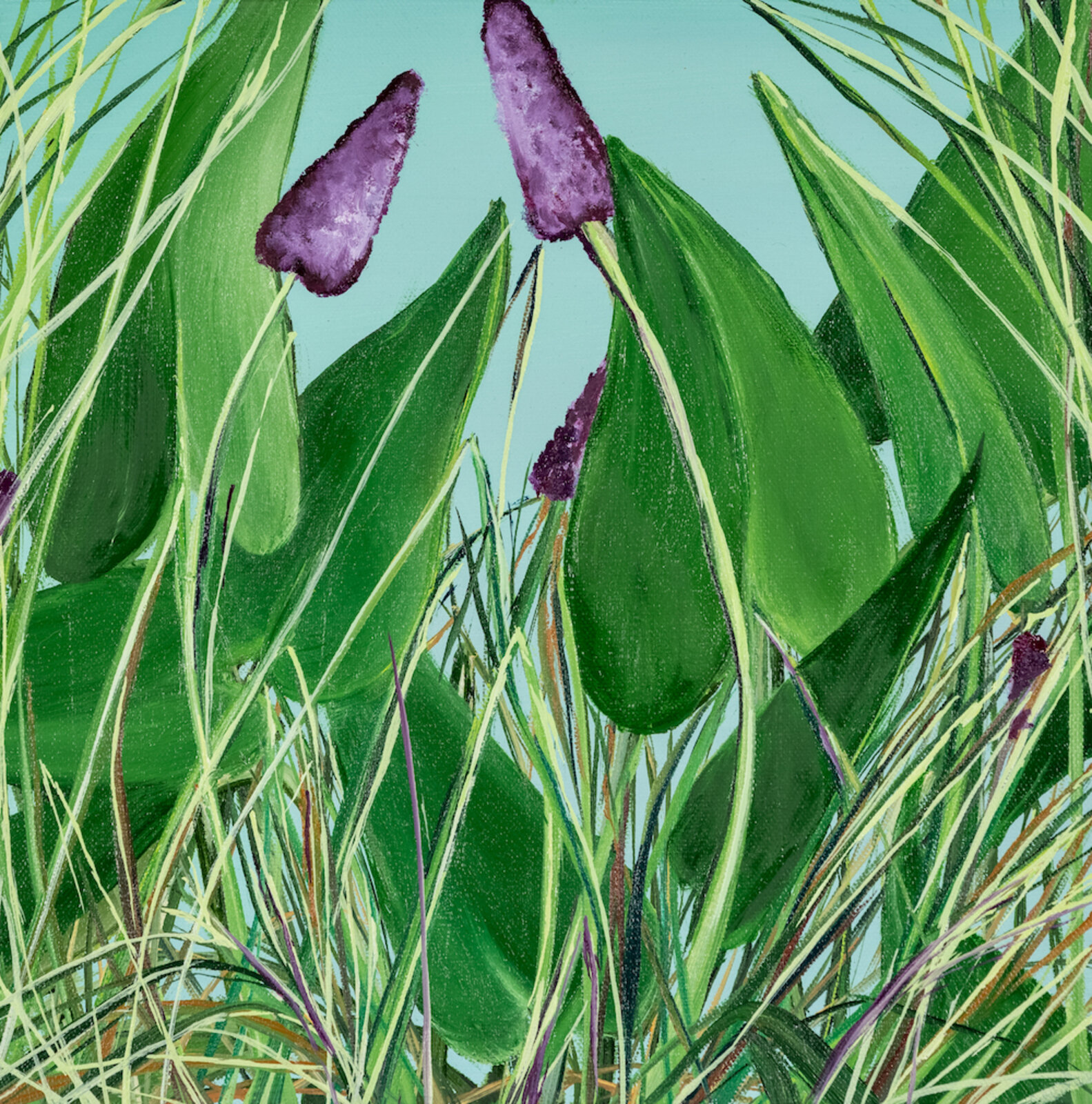 A painting of purple flowers and green leaves in a field.
