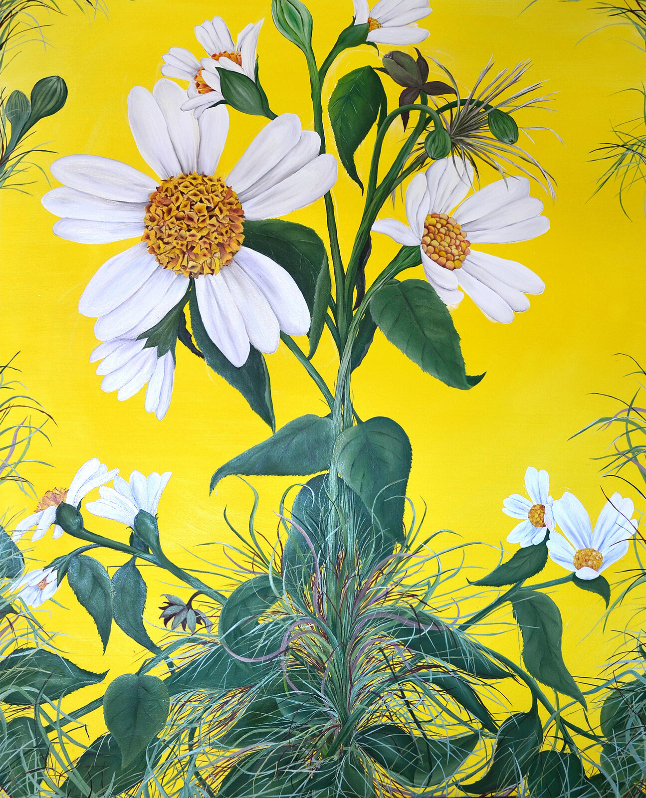 A painting of white flowers on a yellow background.