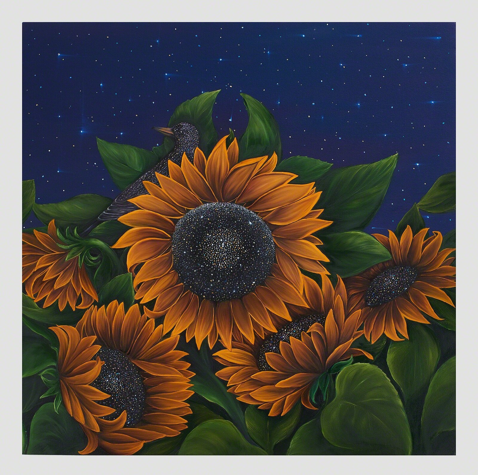 A painting of sunflowers and a bird sitting on top of them.