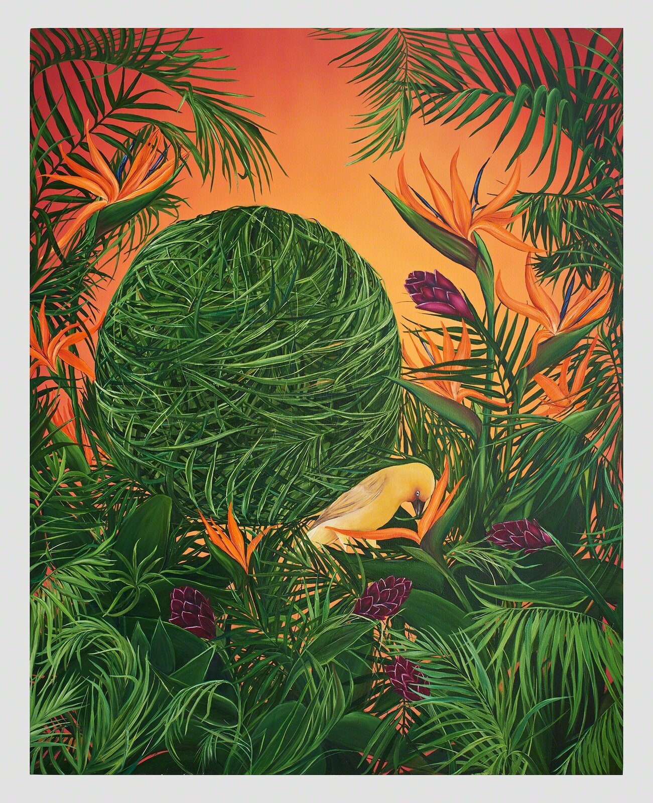 A painting of a bird sitting on top of a green ball surrounded by tropical plants.