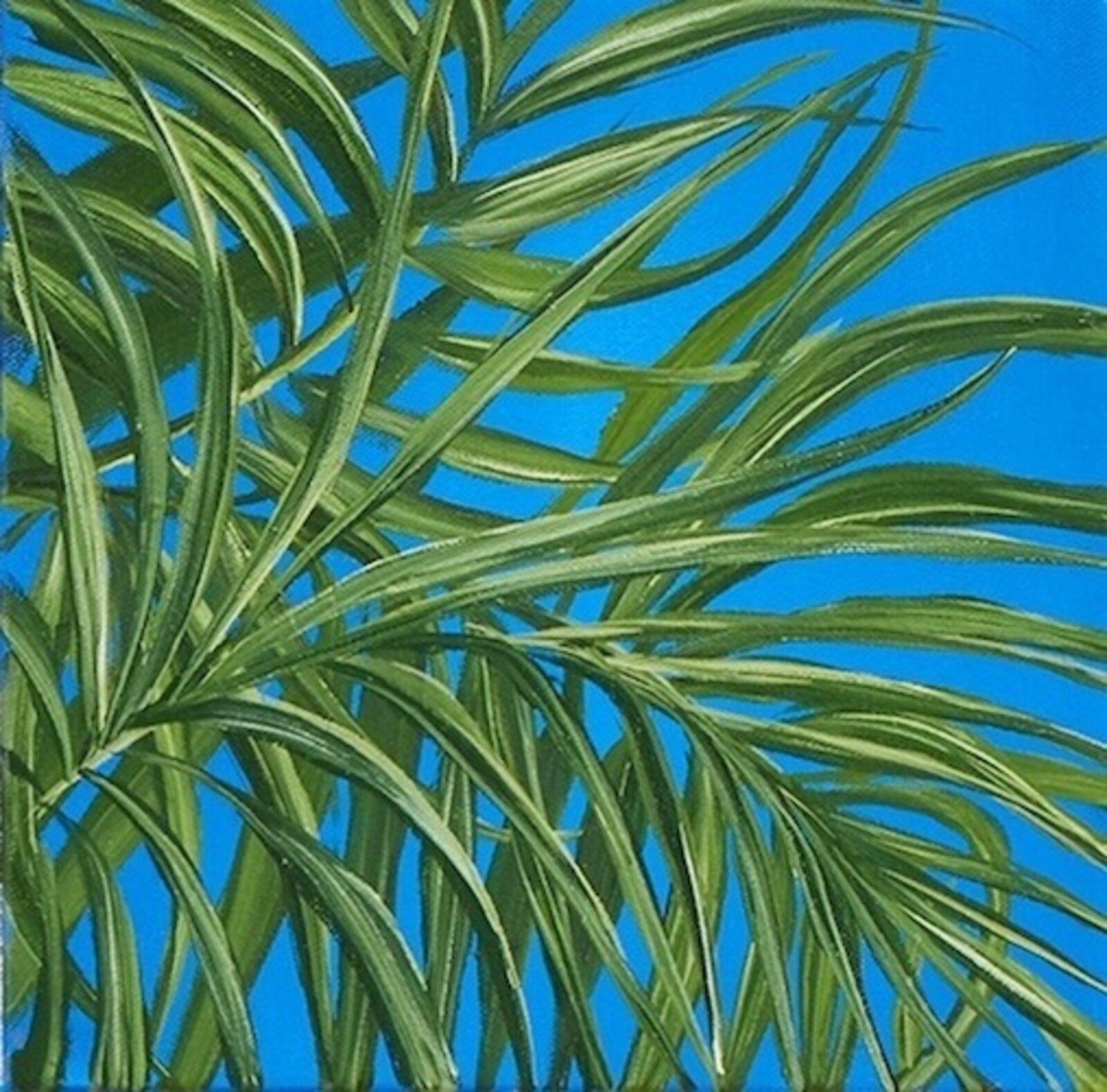 A painting of a palm tree against a blue sky.