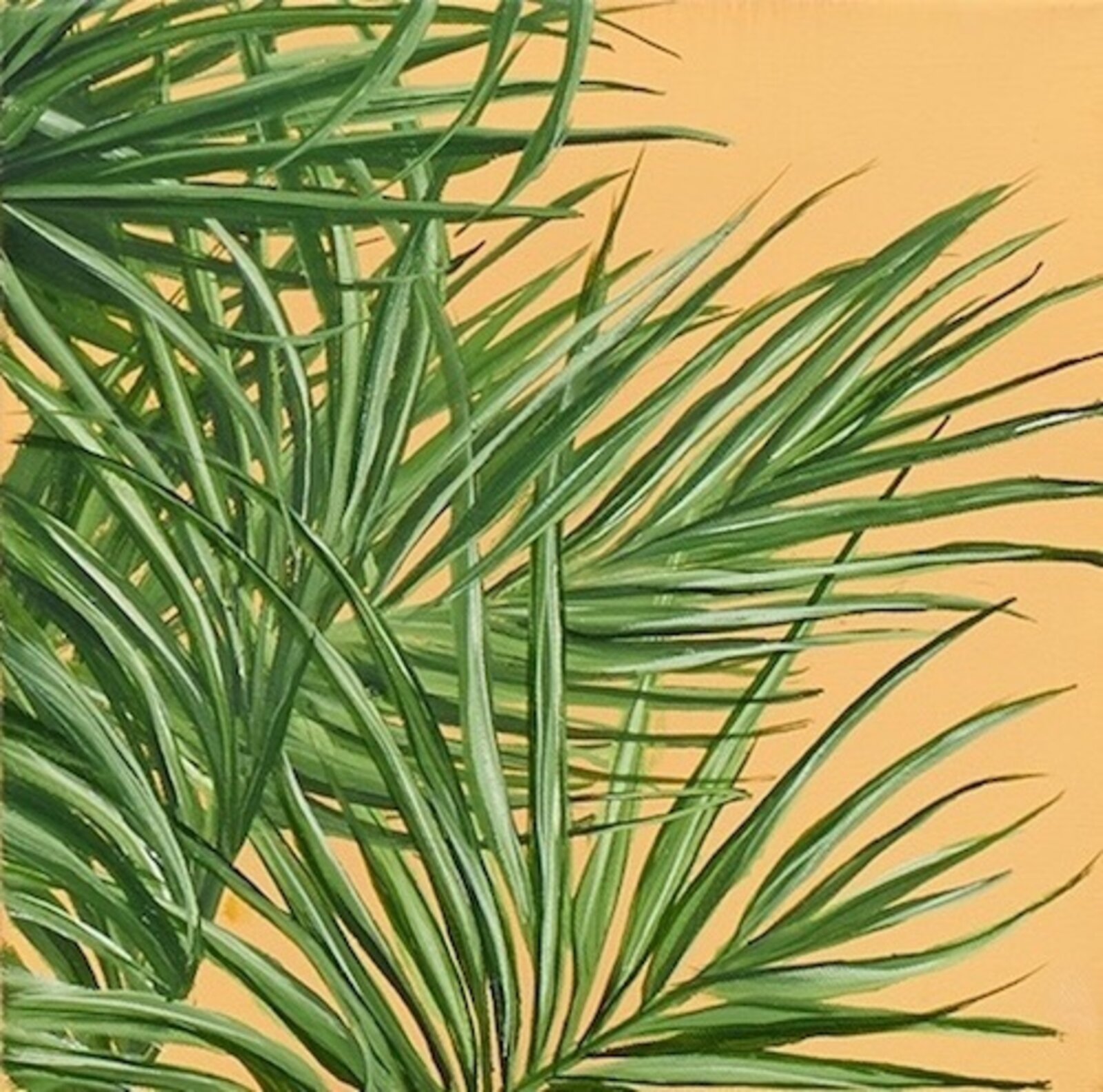 A painting of a palm tree on a yellow background.