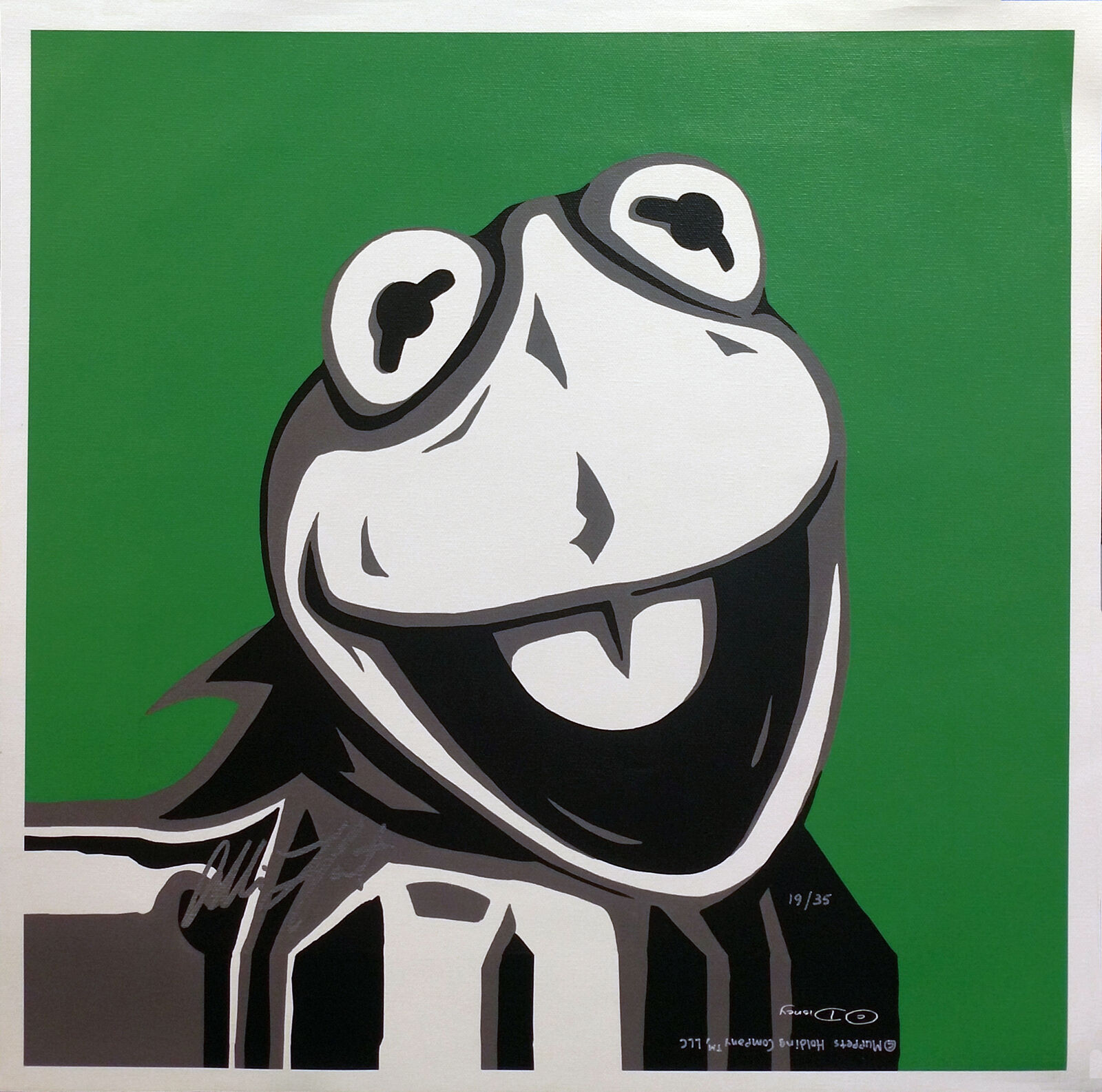 A painting of a smiling frog on a green background.