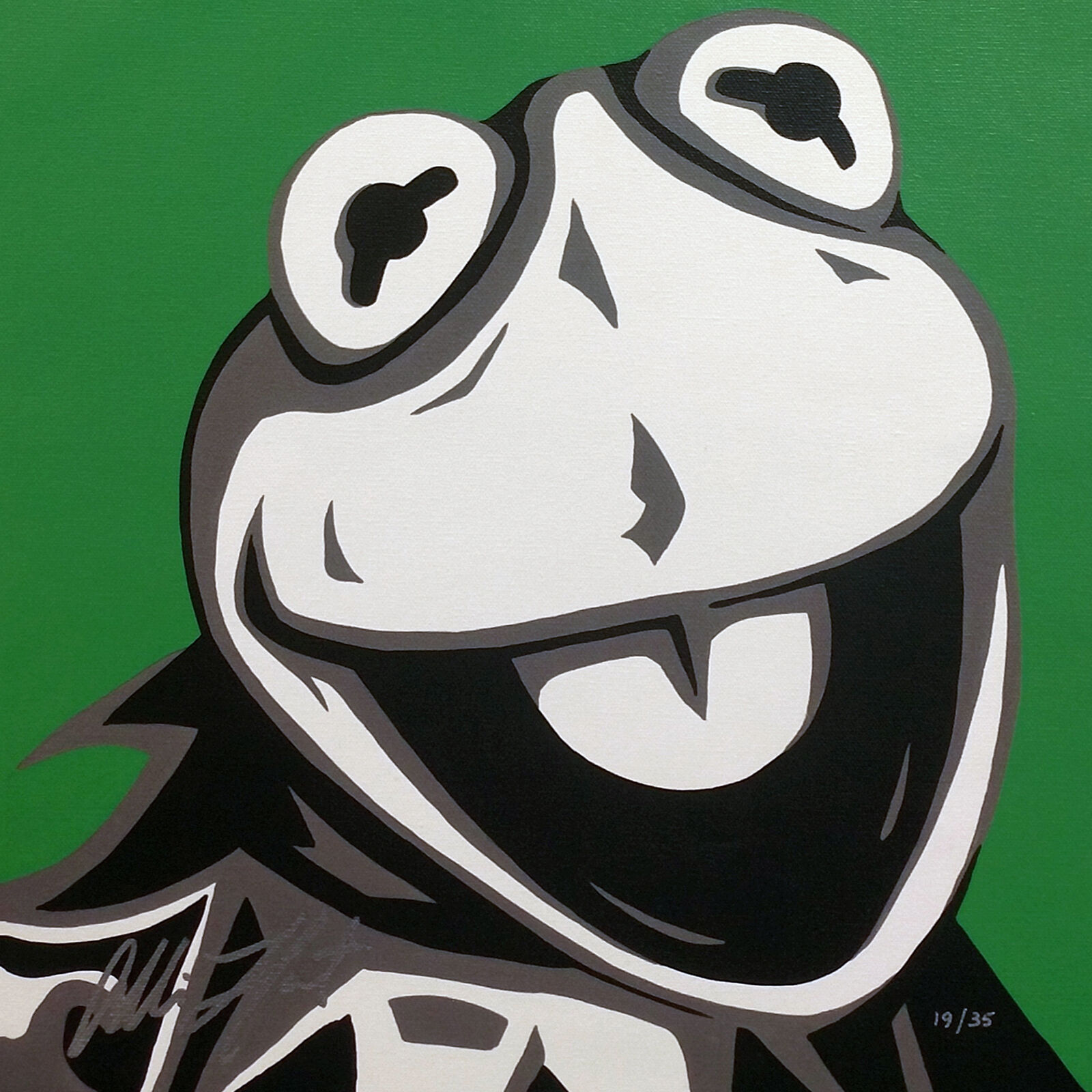 A painting of a smiling frog on a green background.