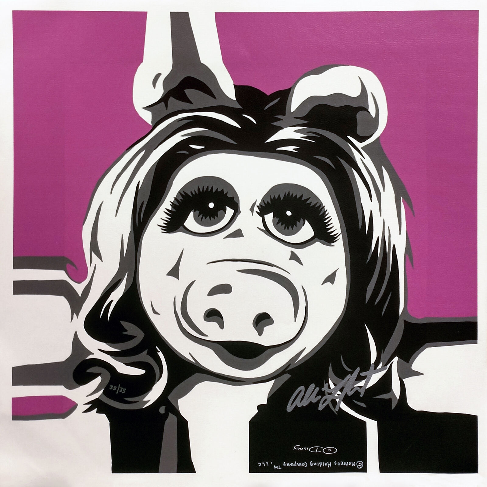 A black and white painting of a pig with big eyes.