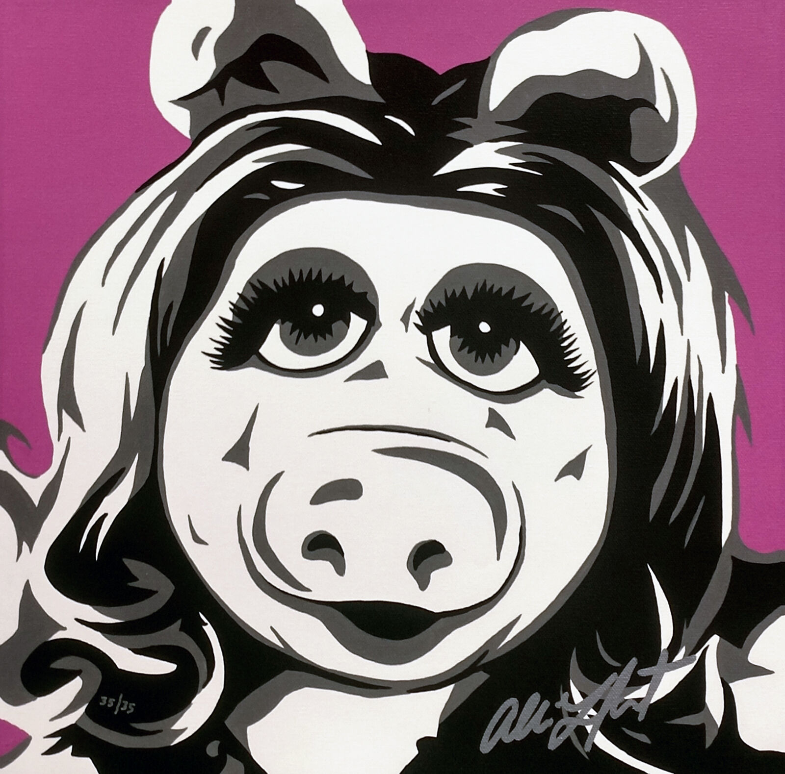 A black and white painting of a pig with big eyes.