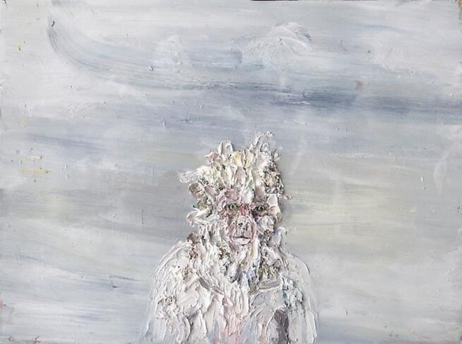 A textured portrait of a figure with wild hair against a muted, cloudy background.