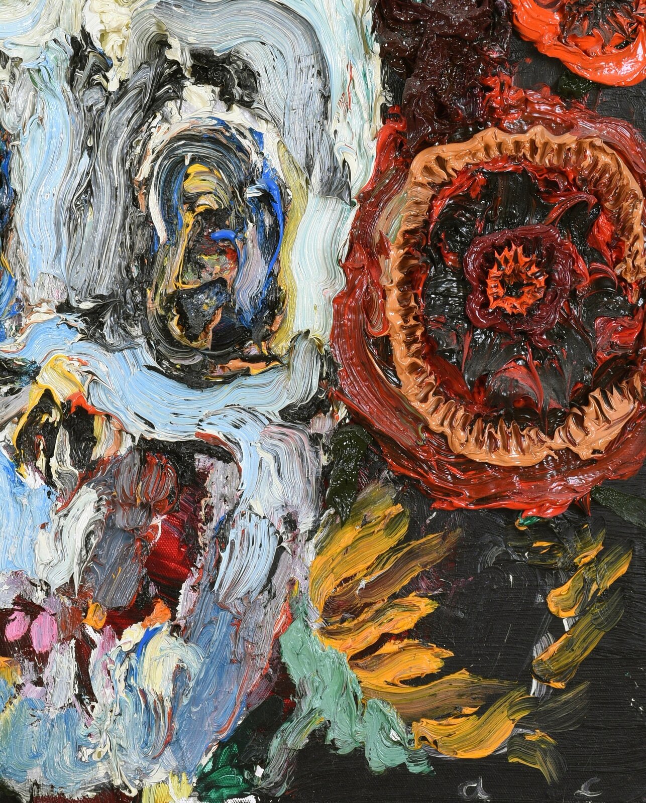 A thick-painted skull surrounded by a vibrant, textured floral crown against a dark background.