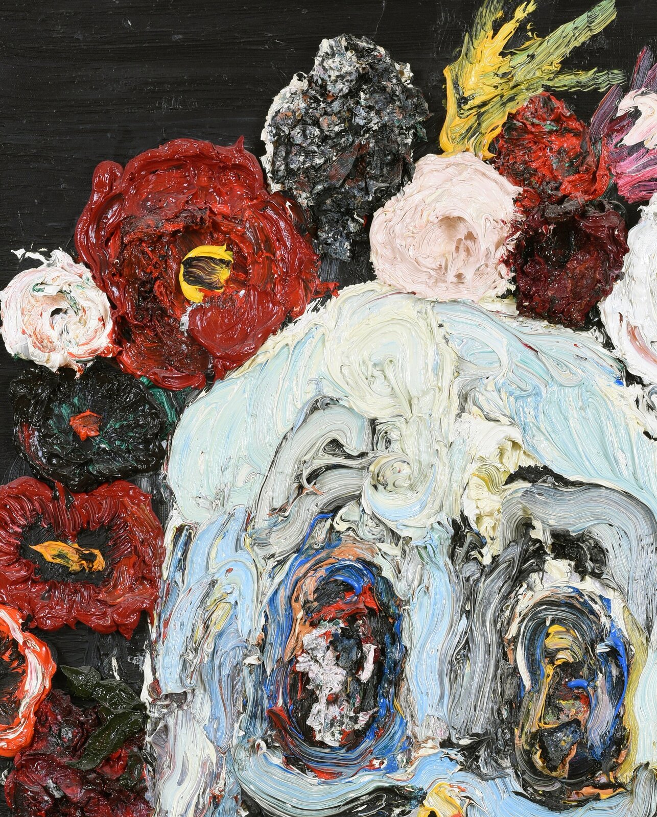 A thick-painted skull surrounded by a vibrant, textured floral crown against a dark background.