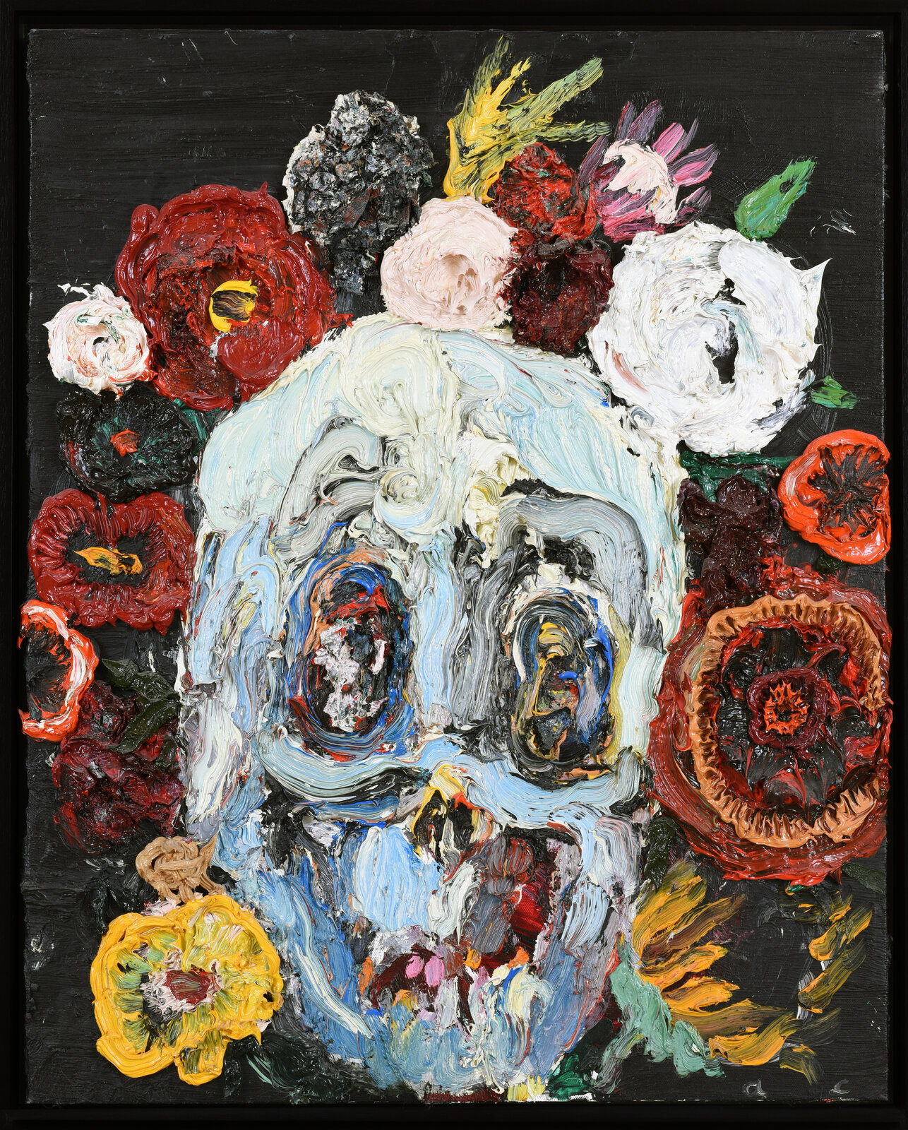 A thick-painted skull surrounded by a vibrant, textured floral crown against a dark background.
