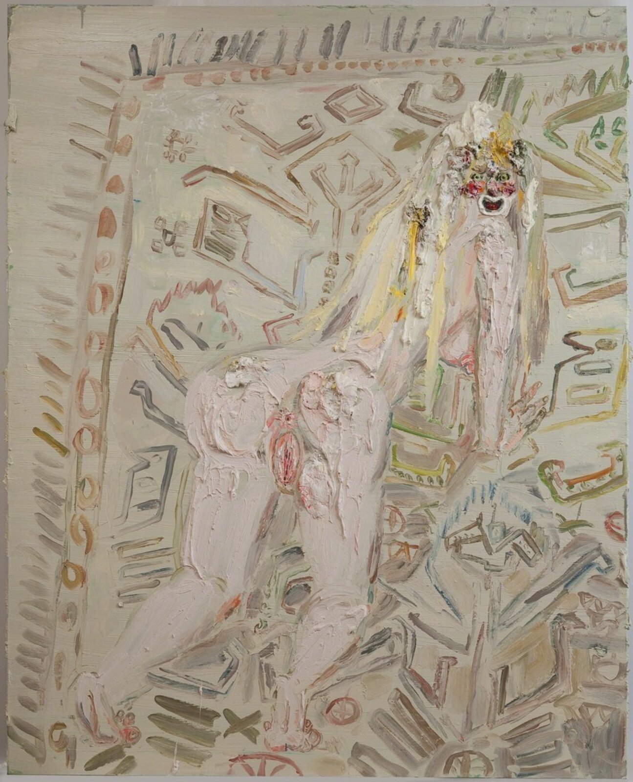 A thickly painted, nude figure seated amidst a chaotic background of abstract symbols and geometric shapes.