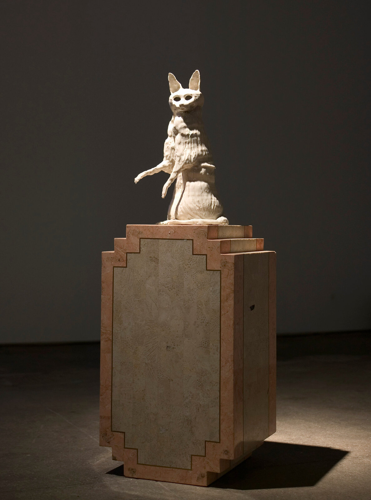 Artwork by Allison Schulnik, Standing Gin #3, Made of Glazed porcelain and plastic pedestal, ceramic 