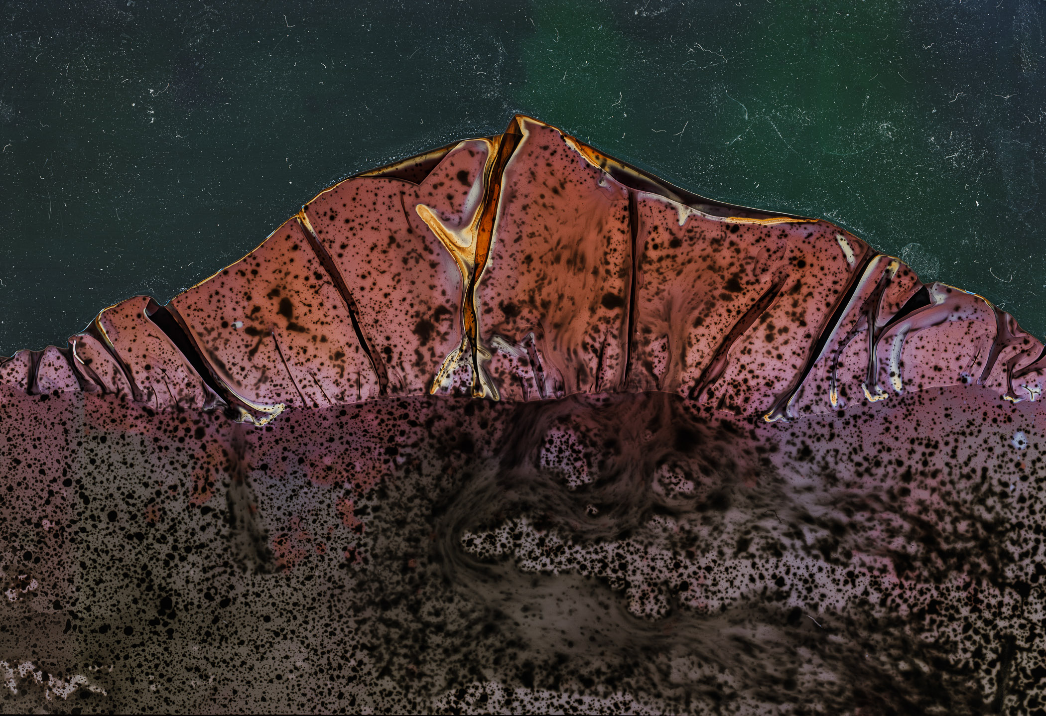 A close up of a mountain with a green and purple background.