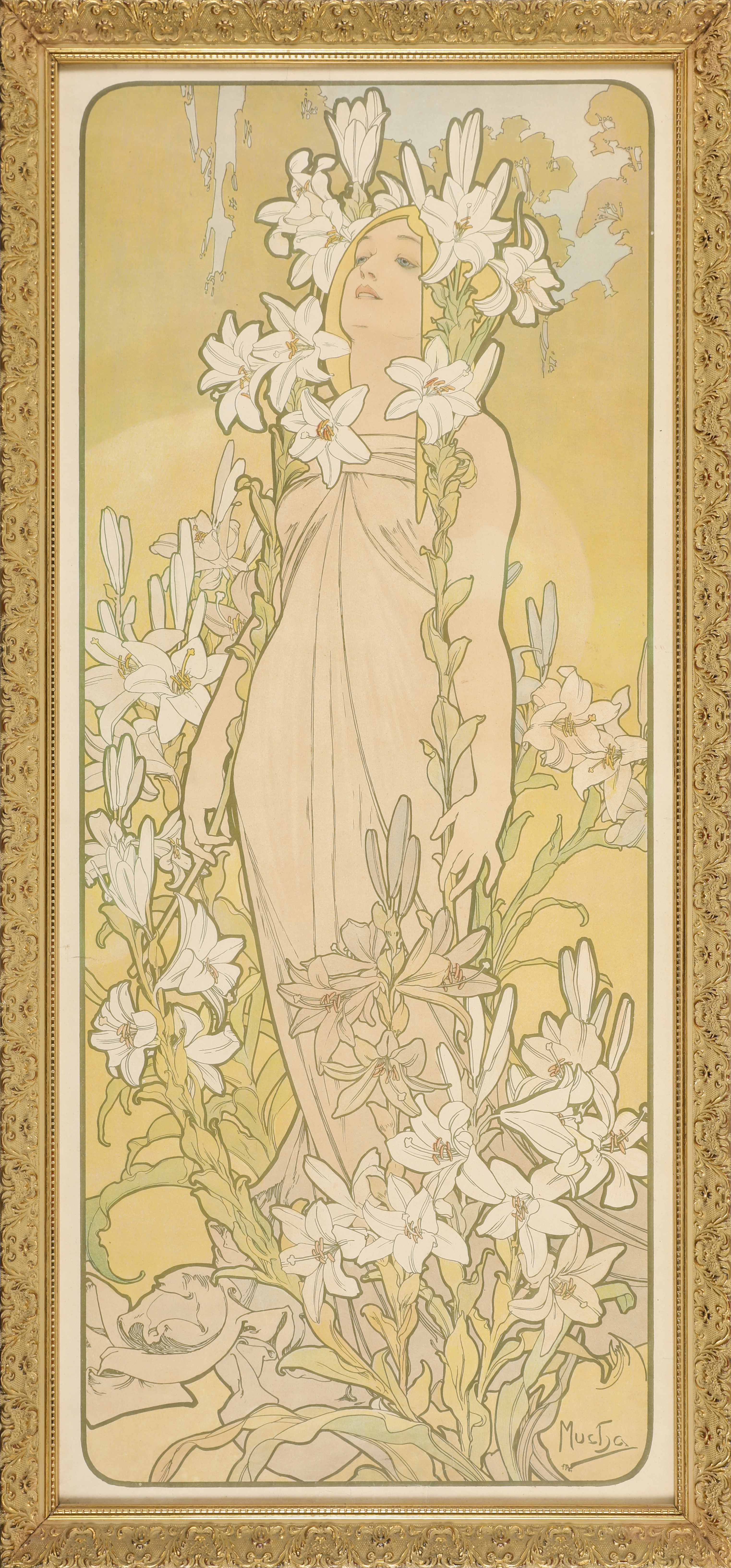 A painting of a woman surrounded by white flowers.
