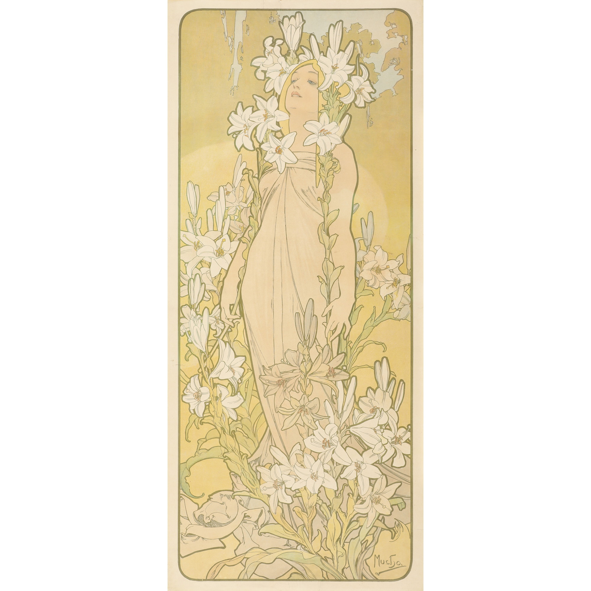 A painting of a woman surrounded by white flowers.