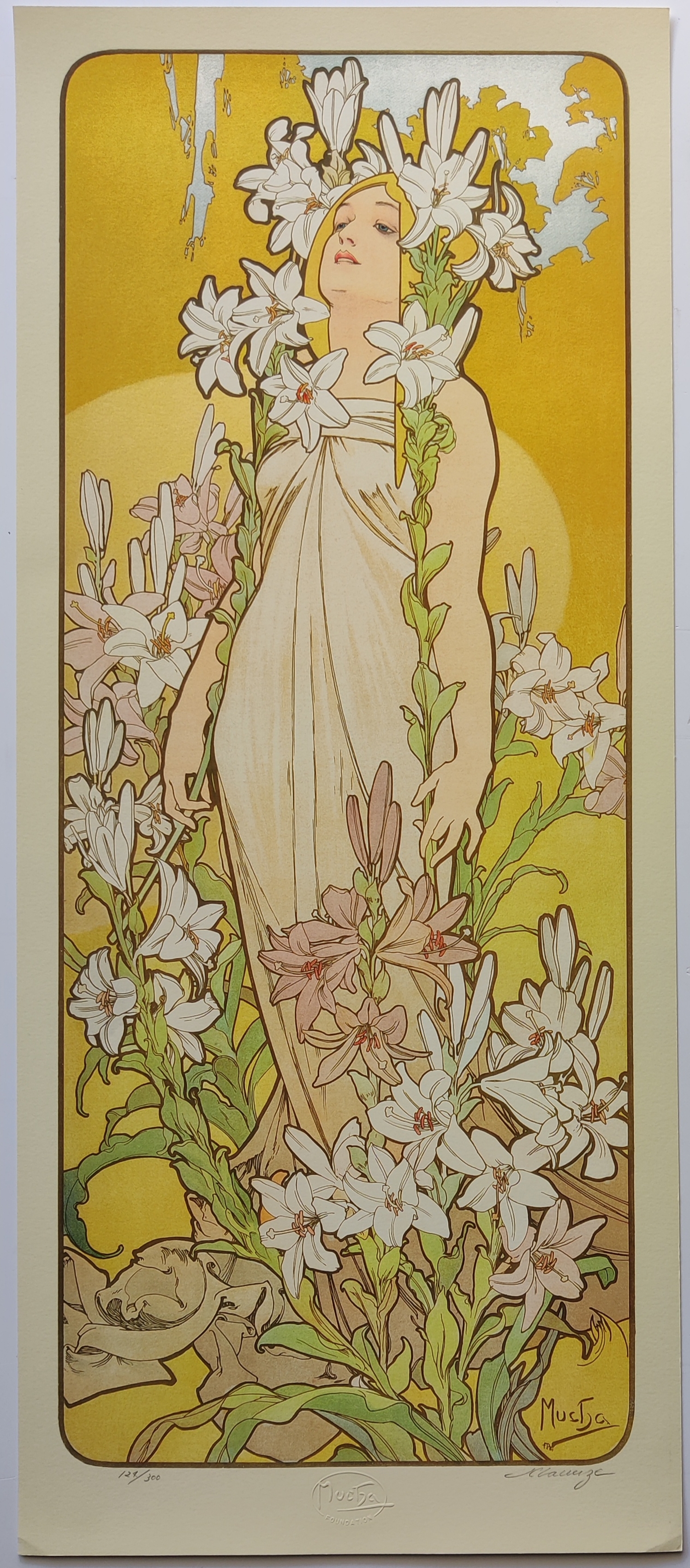 A four-panel floral series featuring four women in flowing gowns surrounded by lush gardens.