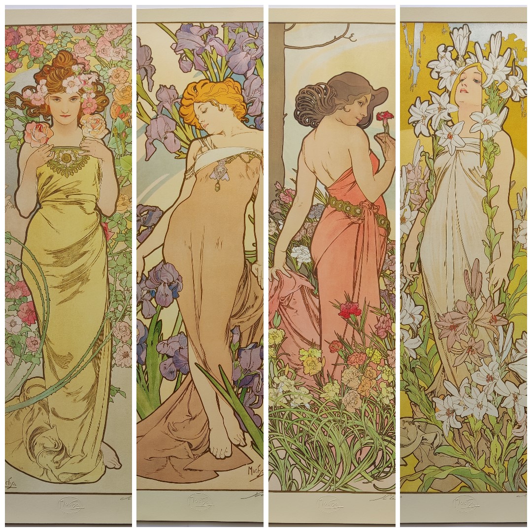 A four-panel floral series featuring four women in flowing gowns surrounded by lush gardens.