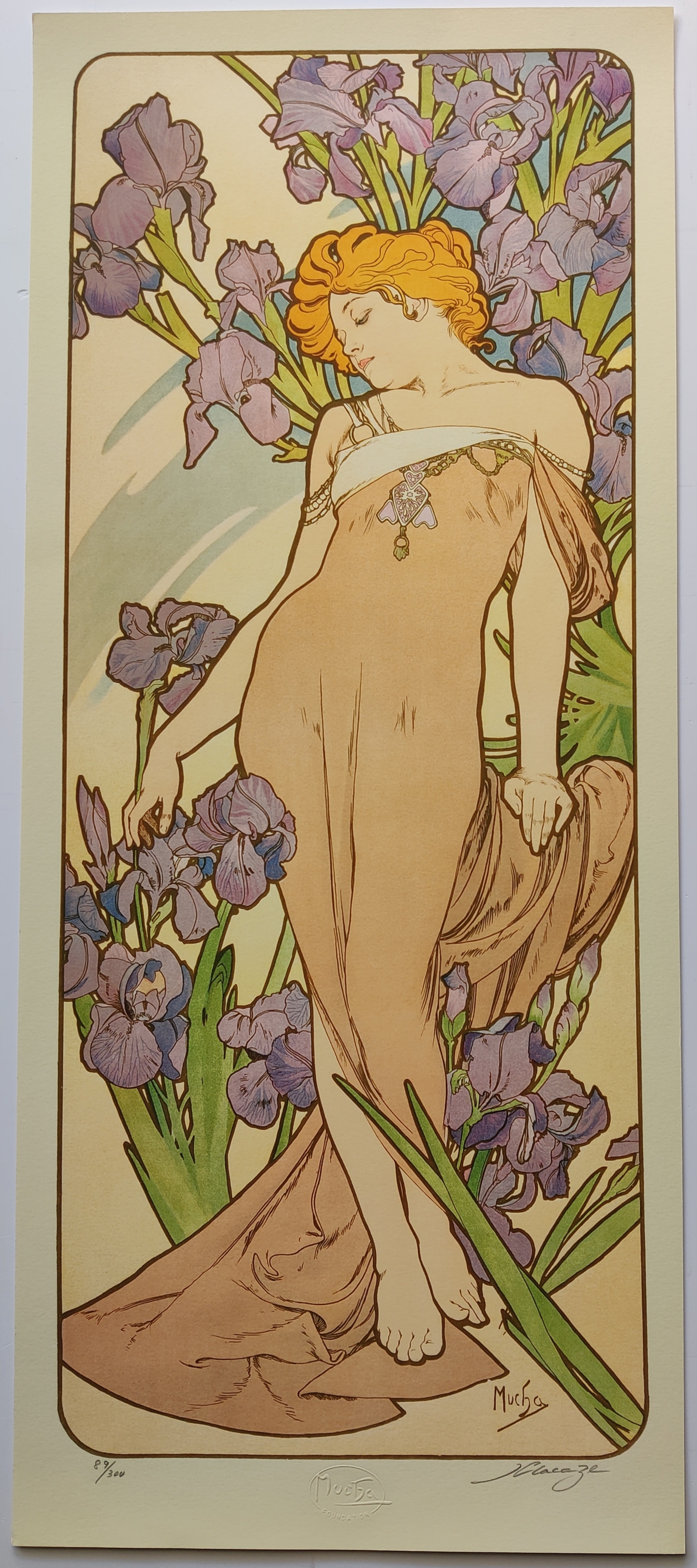 A four-panel floral series featuring four women in flowing gowns surrounded by lush gardens.