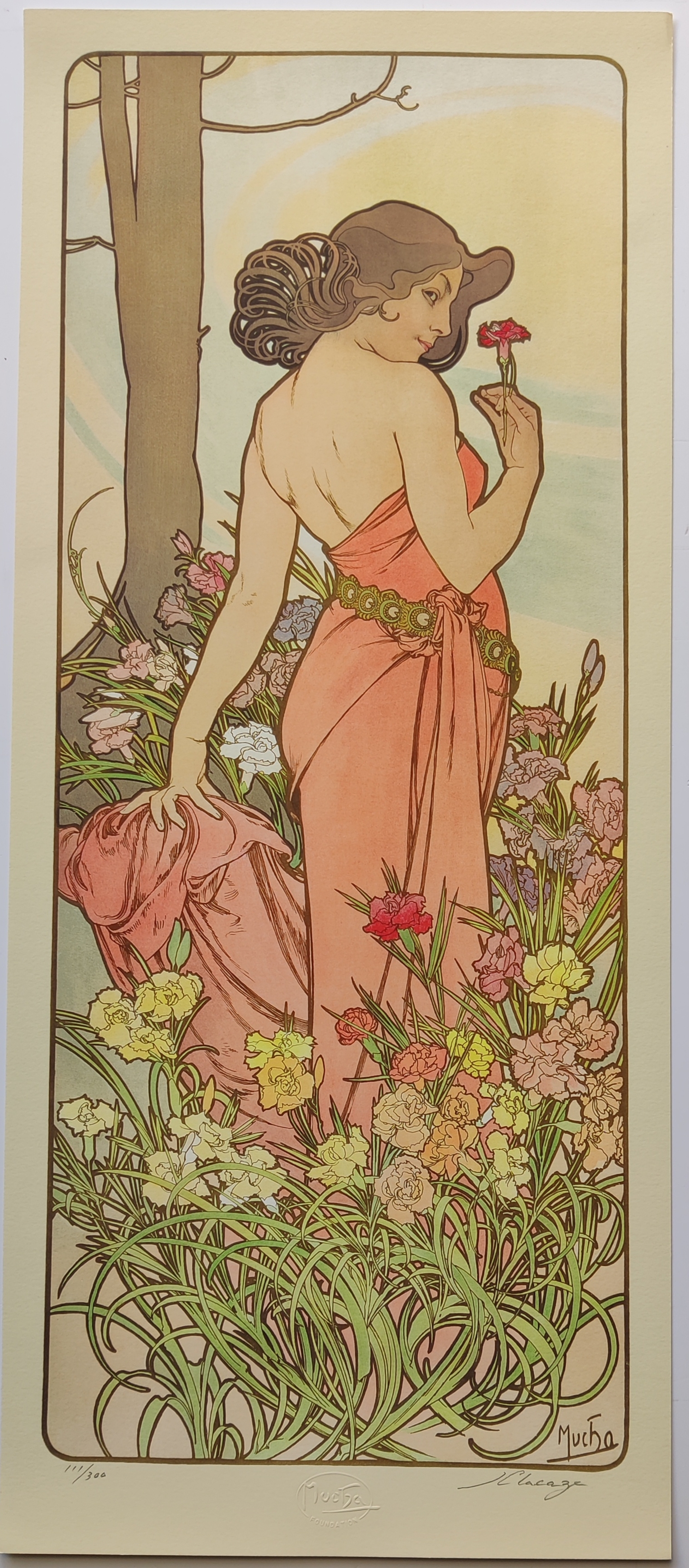 A four-panel floral series featuring four women in flowing gowns surrounded by lush gardens.