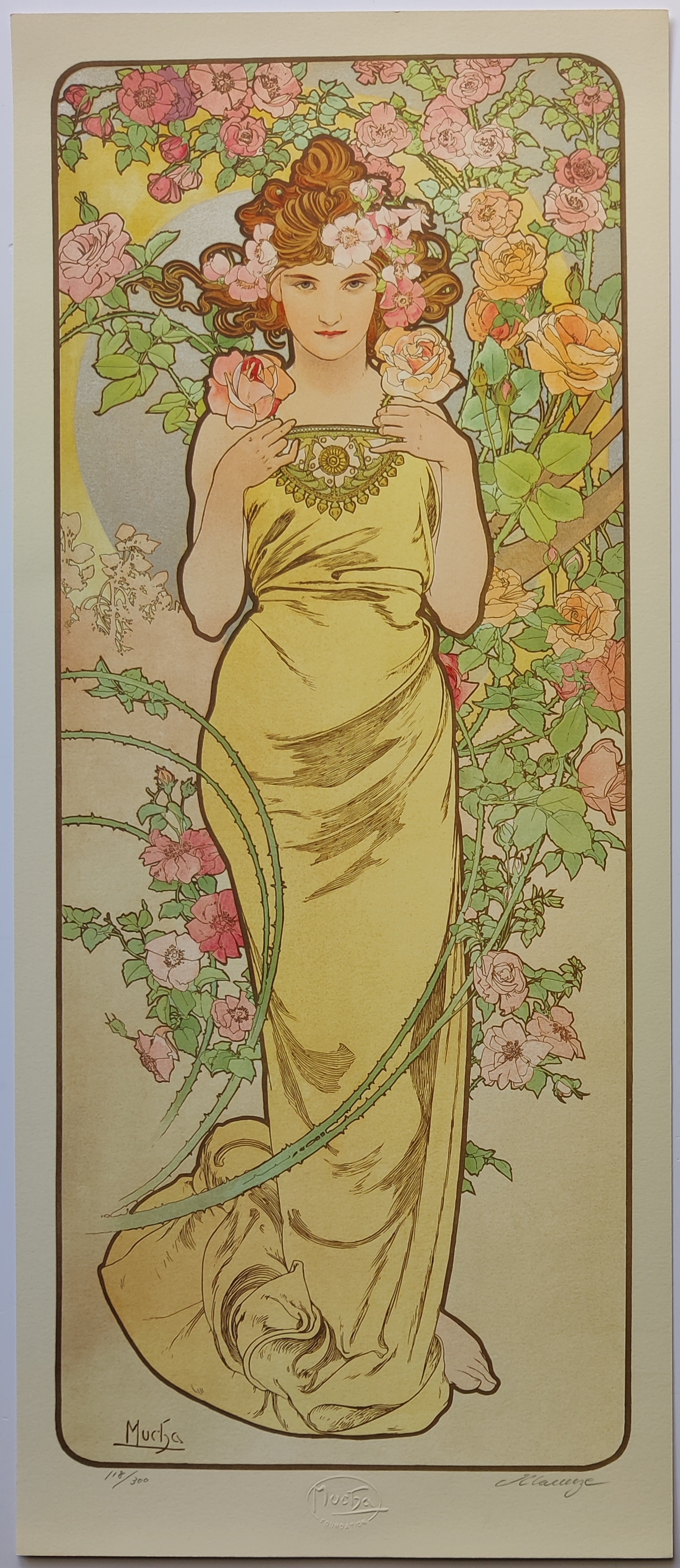 A four-panel floral series featuring four women in flowing gowns surrounded by lush gardens.