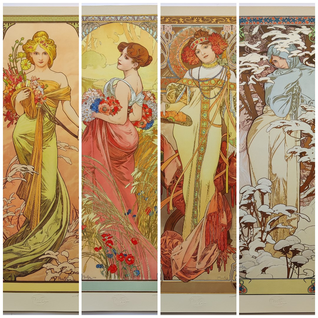 Four vertical panels depict stylized female figures in flowing gowns holding flowers, set against seasonal backdrops.