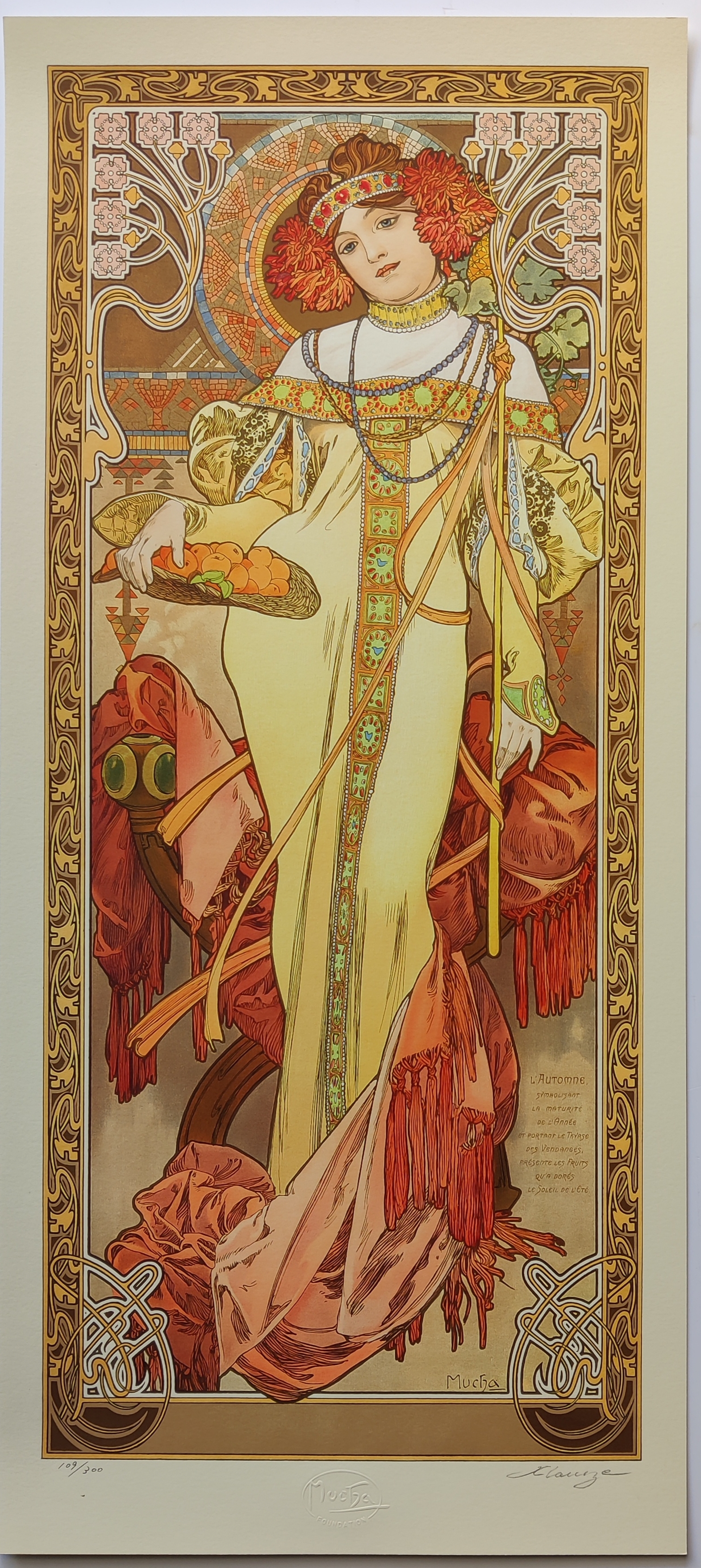 Four vertical panels depict stylized female figures in flowing gowns holding flowers, set against seasonal backdrops.