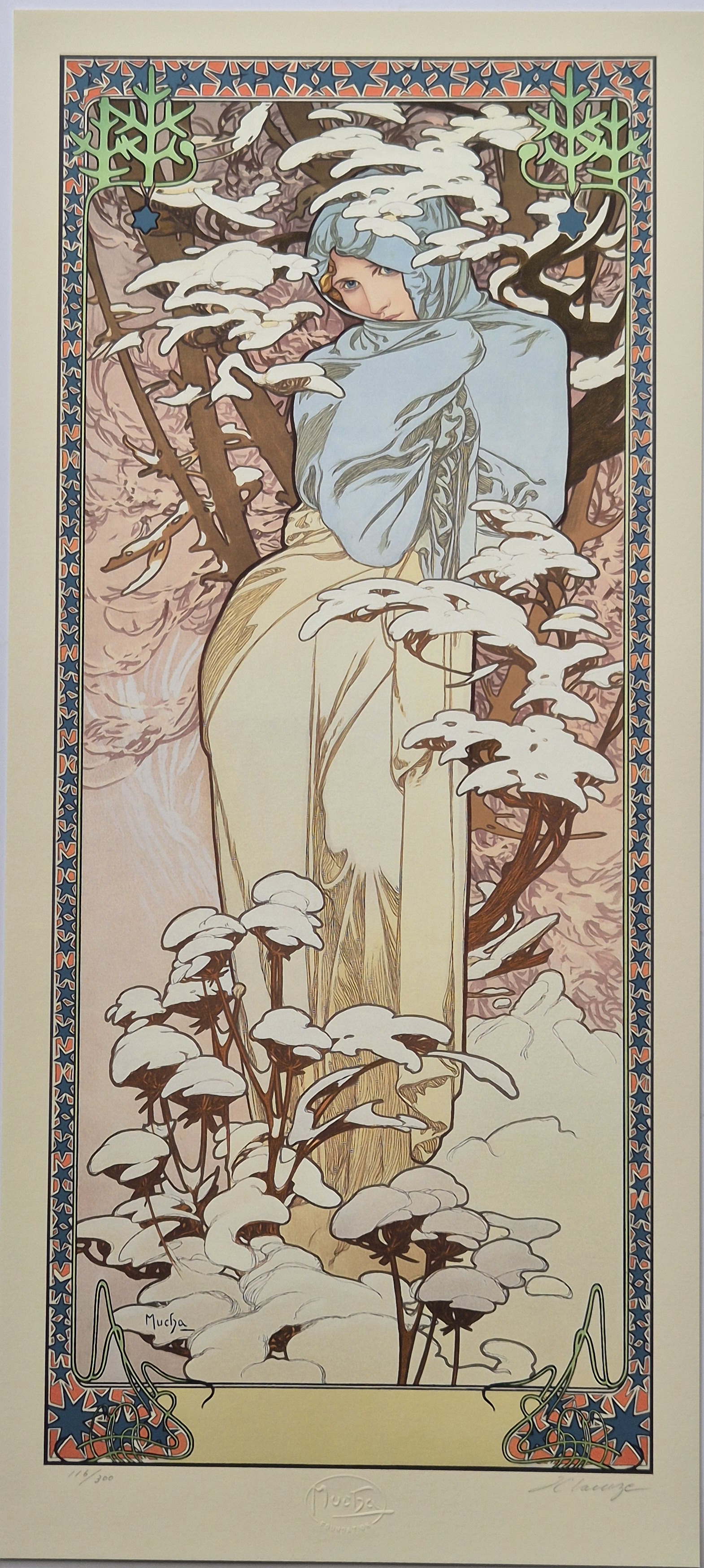 Four vertical panels depict stylized female figures in flowing gowns holding flowers, set against seasonal backdrops.