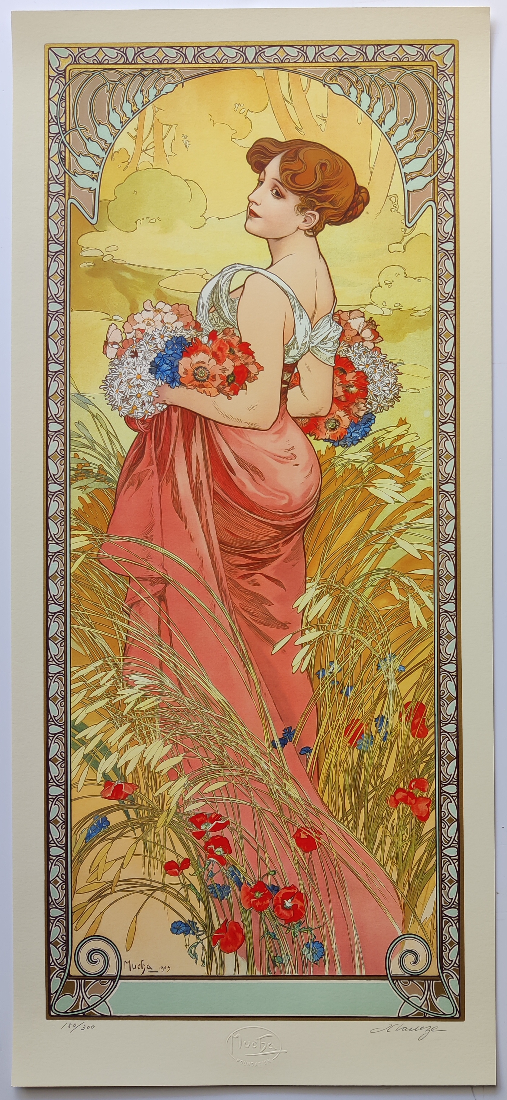 Four vertical panels depict stylized female figures in flowing gowns holding flowers, set against seasonal backdrops.